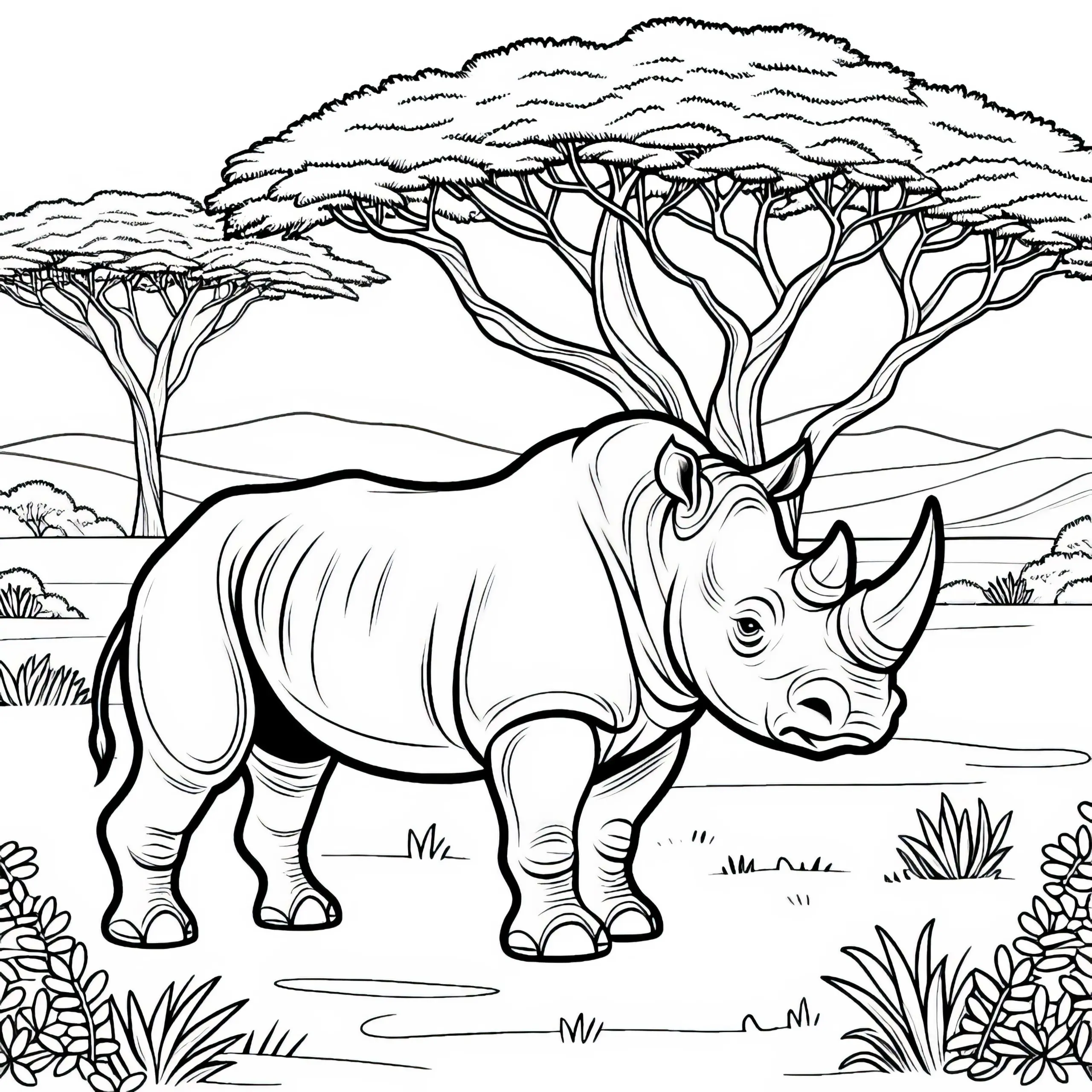 Nashorn steht stolz in Savannenlandschaft mit Akazienbäumen im Hintergrund – Ausmalbild gratis
