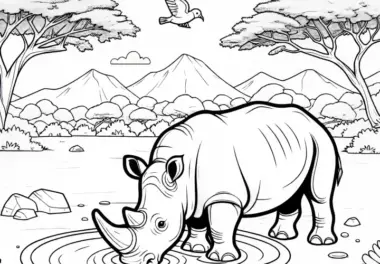 Nashorn trinkt aus Wasserloch während Vögel um es herumfliegen – Malvorlage kostenlos