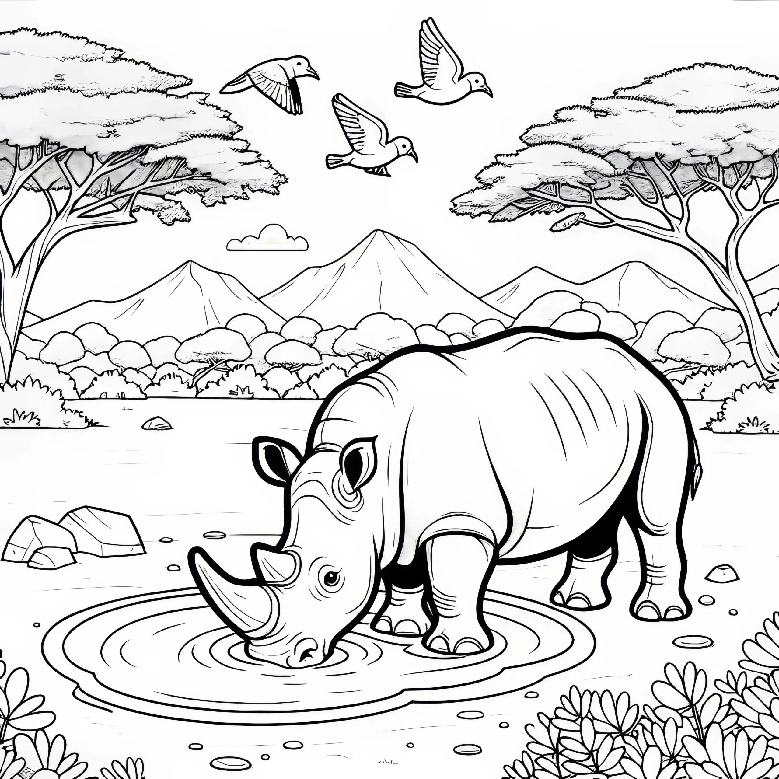 Nashorn trinkt aus Wasserloch während Vögel um es herumfliegen – Malvorlage kostenlos (Ausmalbild)