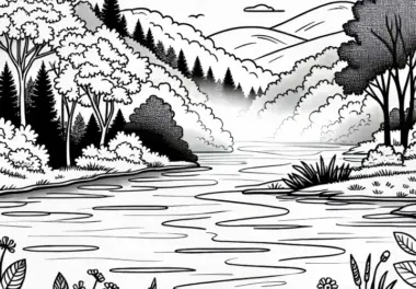 Nebel steigt frühmorgens über Flusslandschaft auf – Malvorlage kostenlos