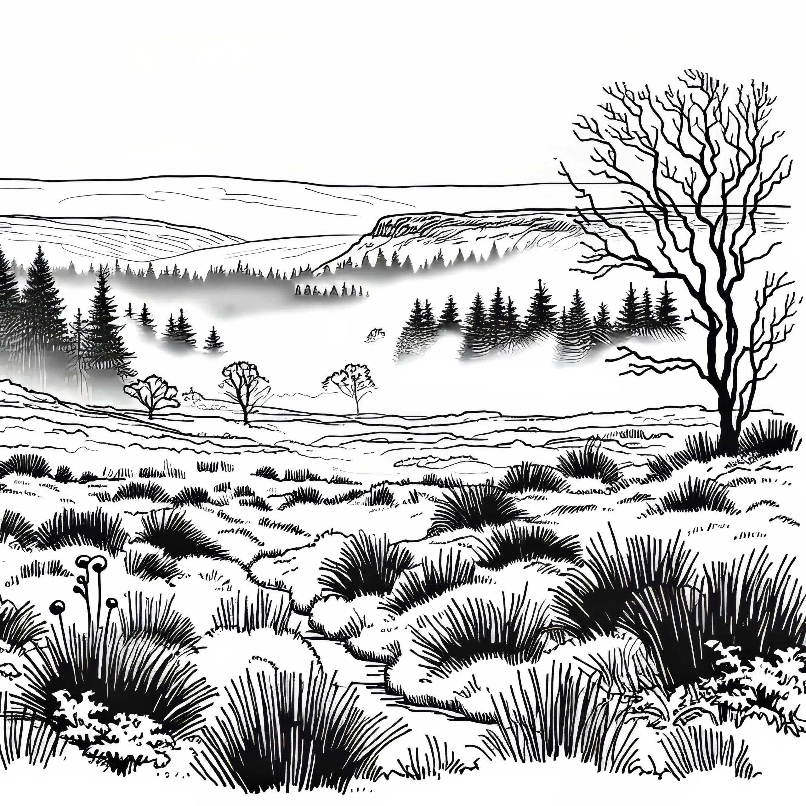 Nebel zieht über düstere Moorlandschaft – Ausmalbild kostenlos