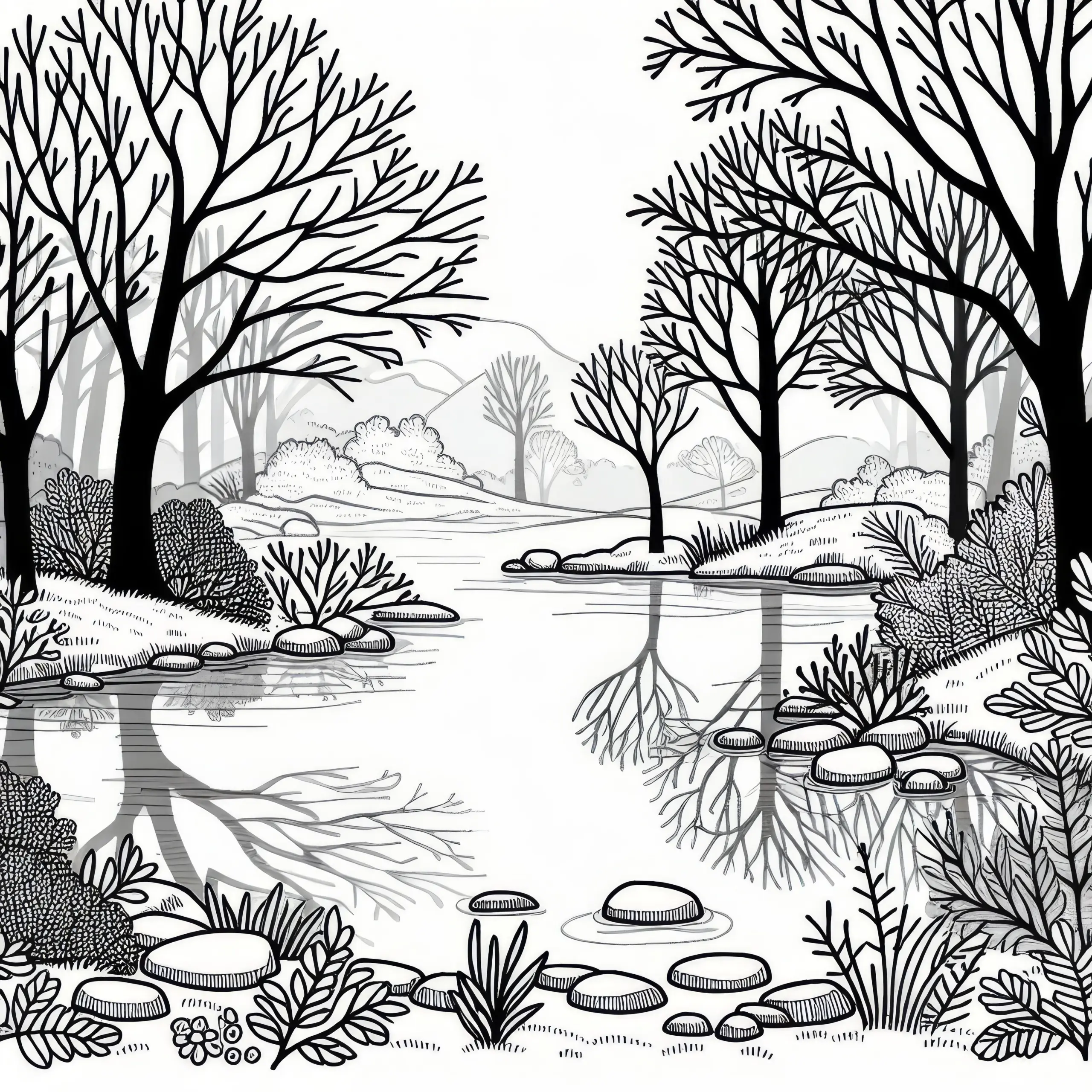 Nebelige Landschaft mit kahlen Bäumen und stillem Teich im November als Malvorlage (Kostenlos) (Ausmalbild)
