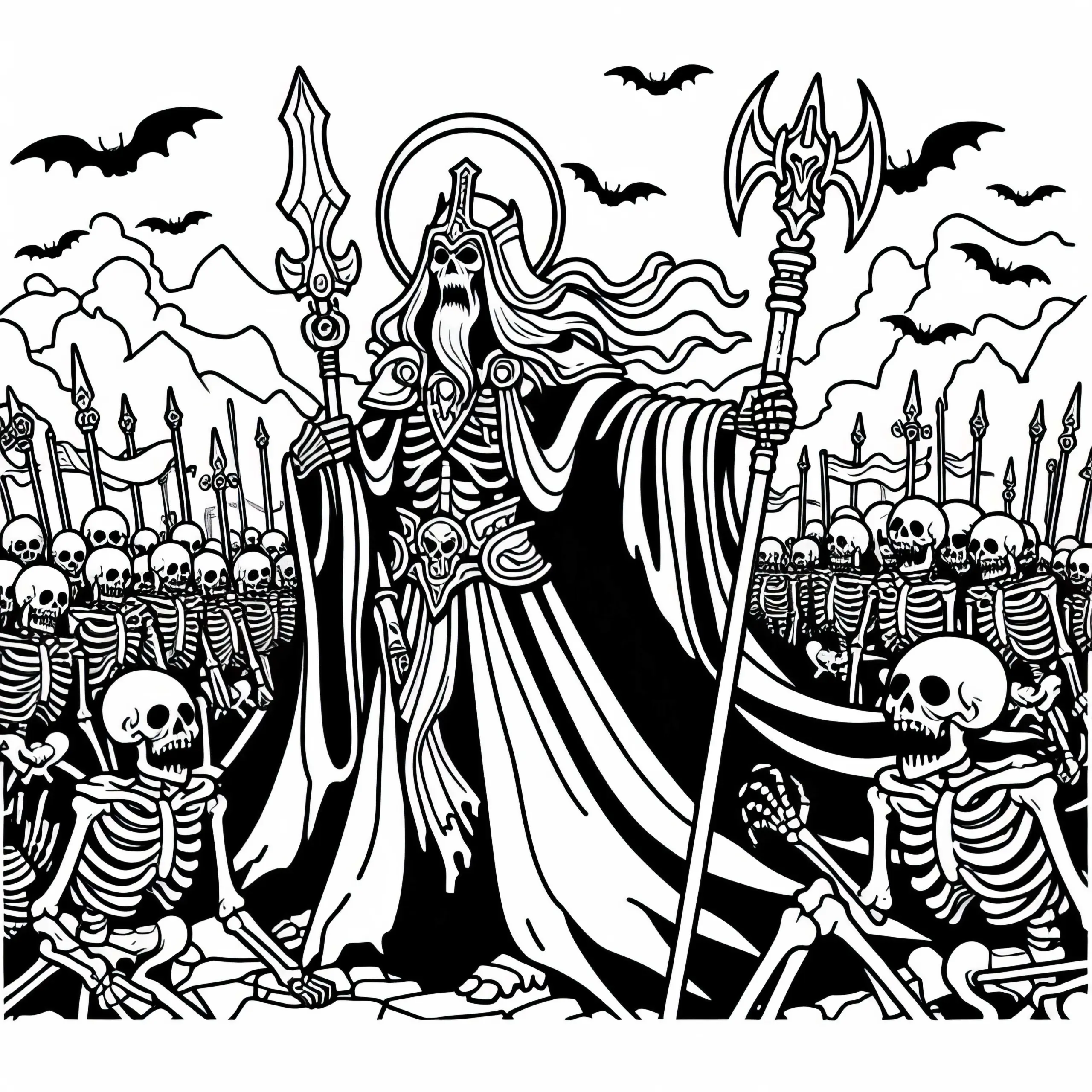 Kontrollierte Nekromanten-Armee von Skeletten auf dem Schlachtfeld – Malvorlage kostenlos (Ausmalbild)