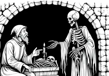 Nekromant spricht mit untotem Diener in düsterer Krypta – Ausmalbild kostenlos