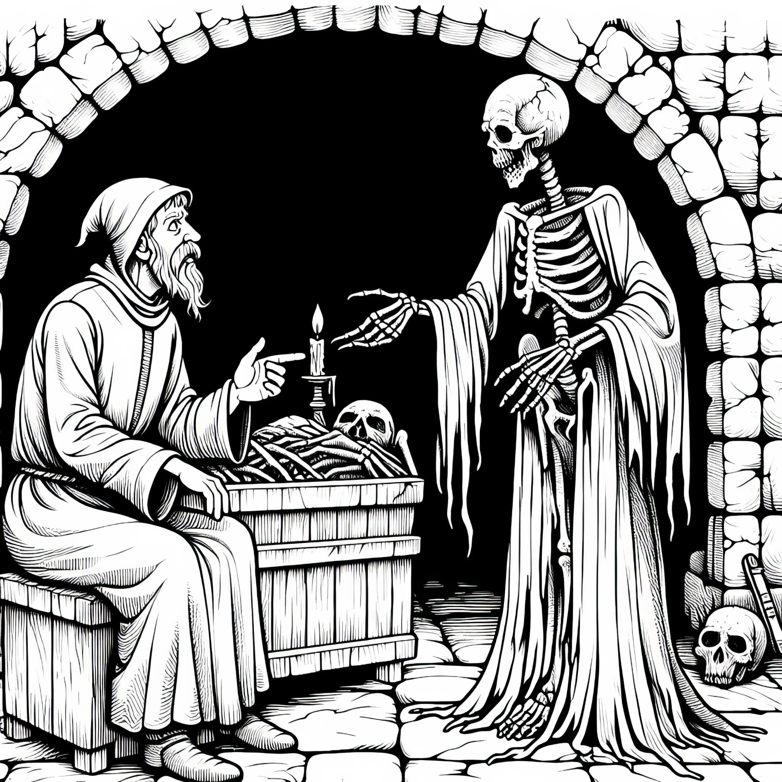 Nekromant spricht mit untotem Diener in düsterer Krypta – Ausmalbild kostenlos