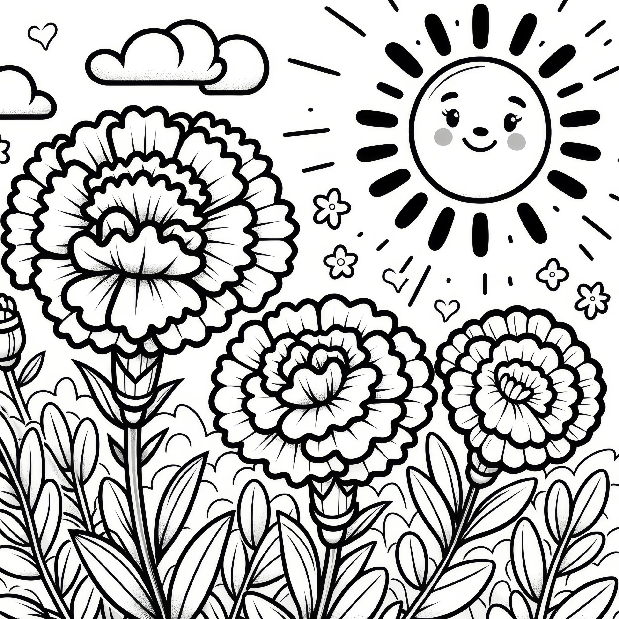 Nelken mit großer Sonne: Blumenbild zum Ausmalen (Kostenlos) (Ausmalbild)