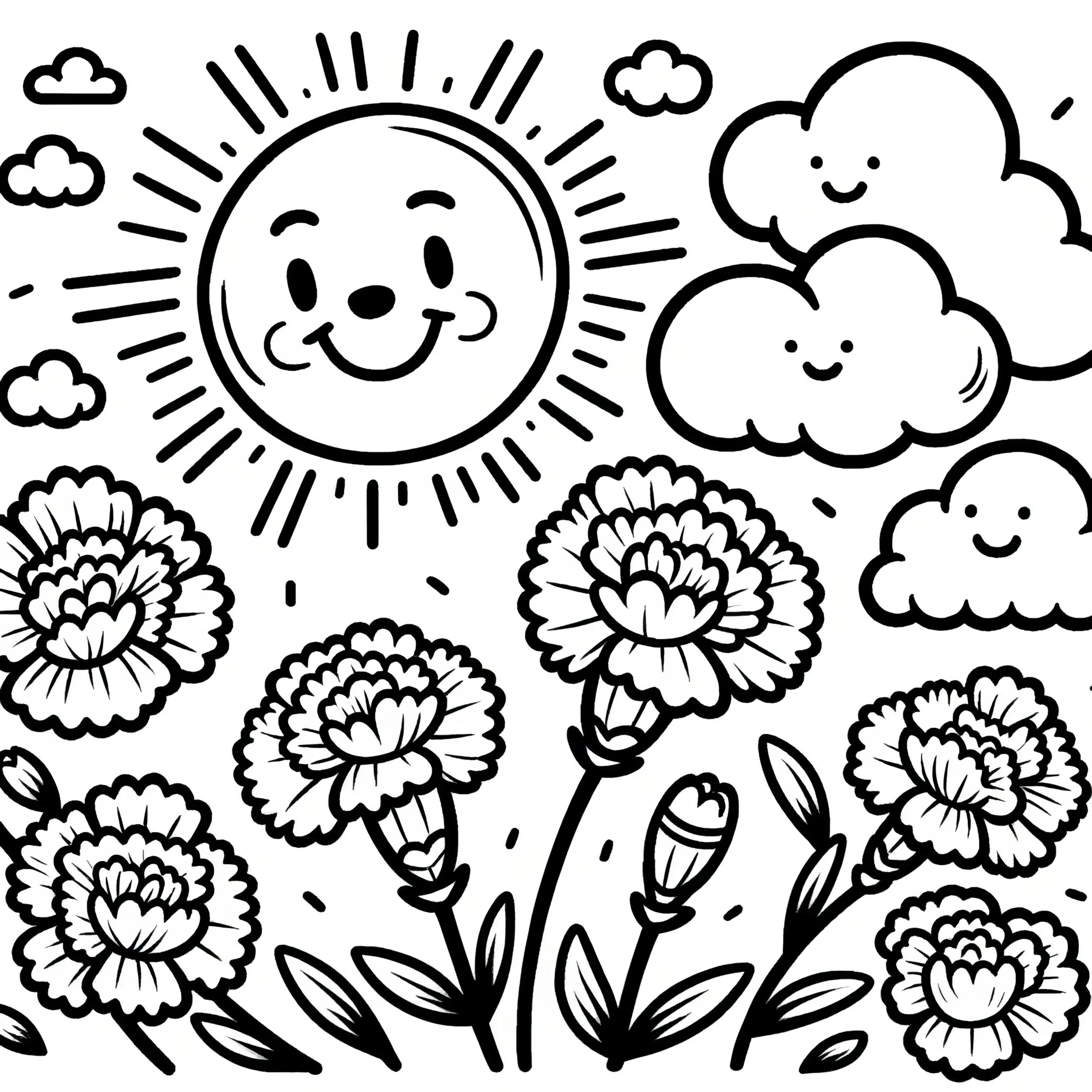 Nelken, Sonne und Wolken: Einfaches Ausmalbild (Gratis)