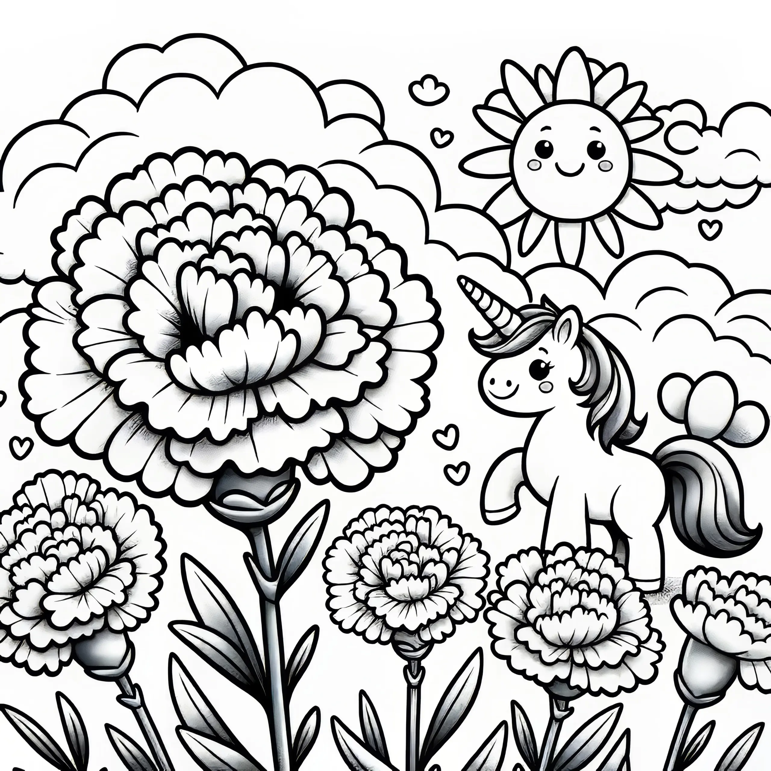 Nelkenblüten mit Einhorn und Sonne: Ausmalbild (Kostenlos)