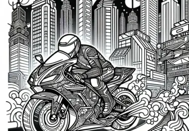 Neonstadt mit Rennmotorrad – Ausmalbild für Jungs ab zwölf – Kostenloser Download