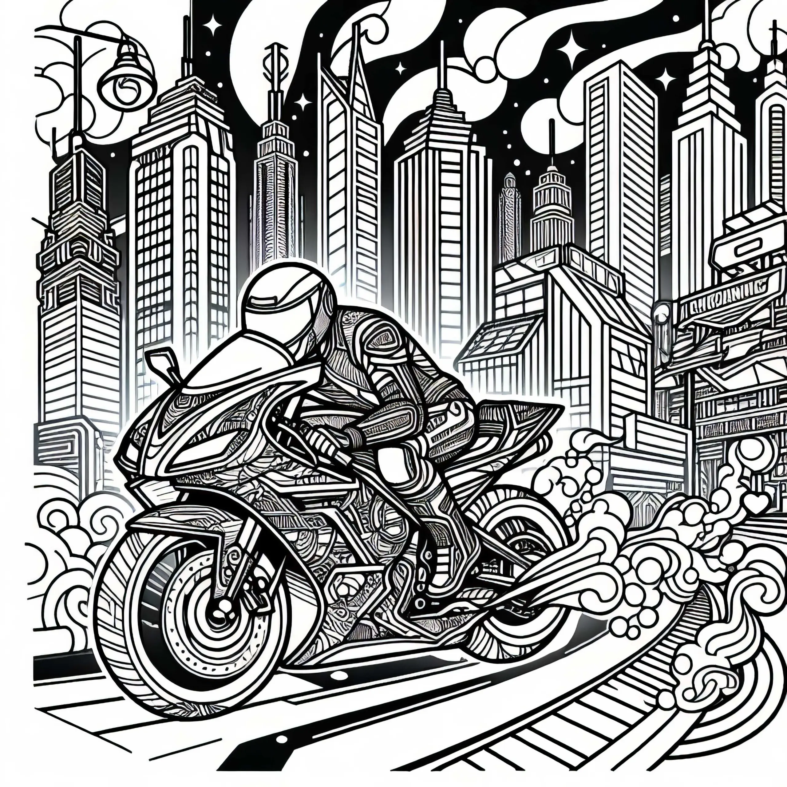 Neonstadt mit Rennmotorrad – Ausmalbild für Jungs ab zwölf – Kostenloser Download