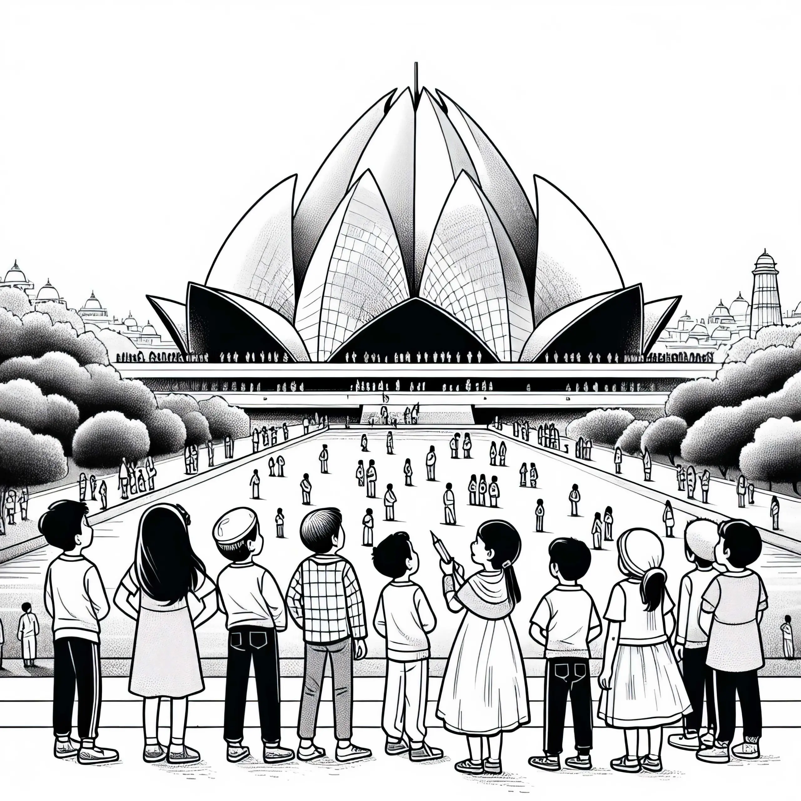 Neu-Delhi – Lotus-Tempel Malvorlage kostenlos (Ausmalbild)