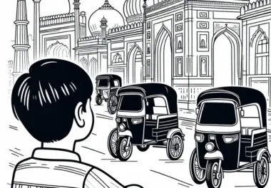 Neu Delhi: Rikschas in den Straßen – Malvorlage kostenlos