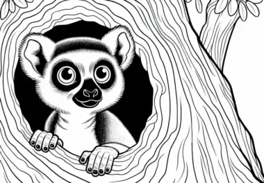 Neugieriger Lemur späht aus Baumstamm heraus – Ausmalbild gratis