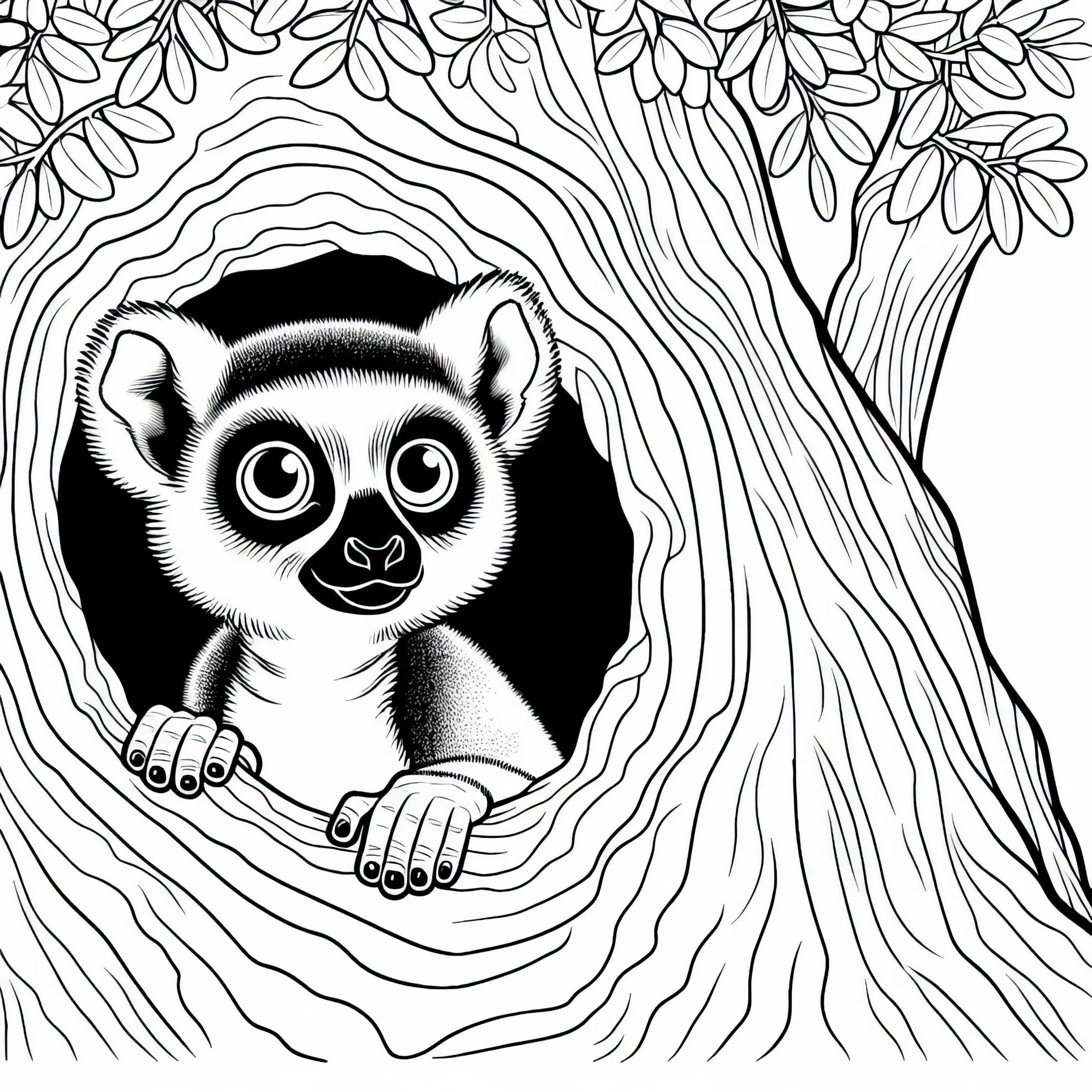 Neugieriger Lemur späht aus Baumstamm heraus – Ausmalbild gratis