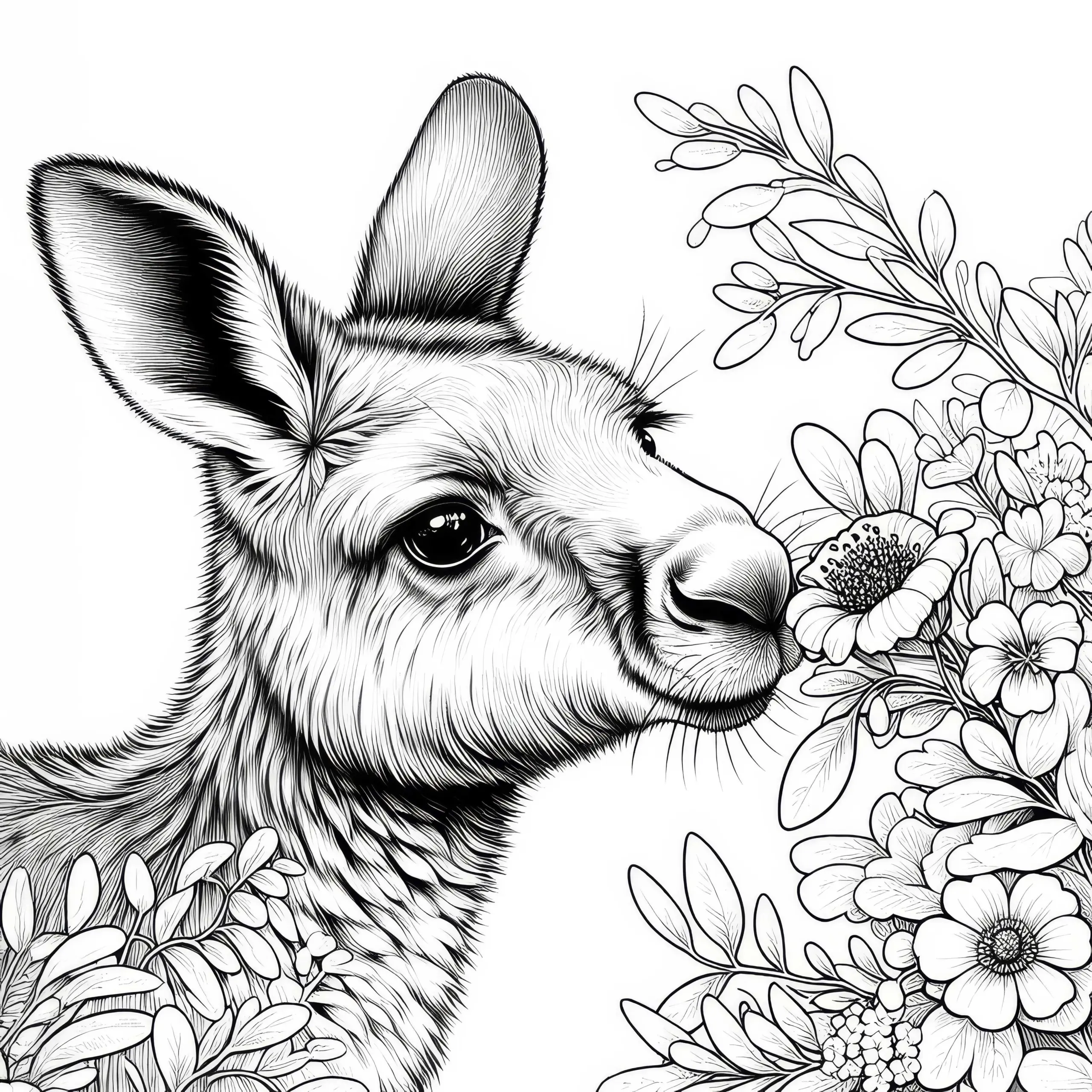 Neugieriges Känguru schnuppert an Blume: Ausmalbild zum Herunterladen (Gratis)