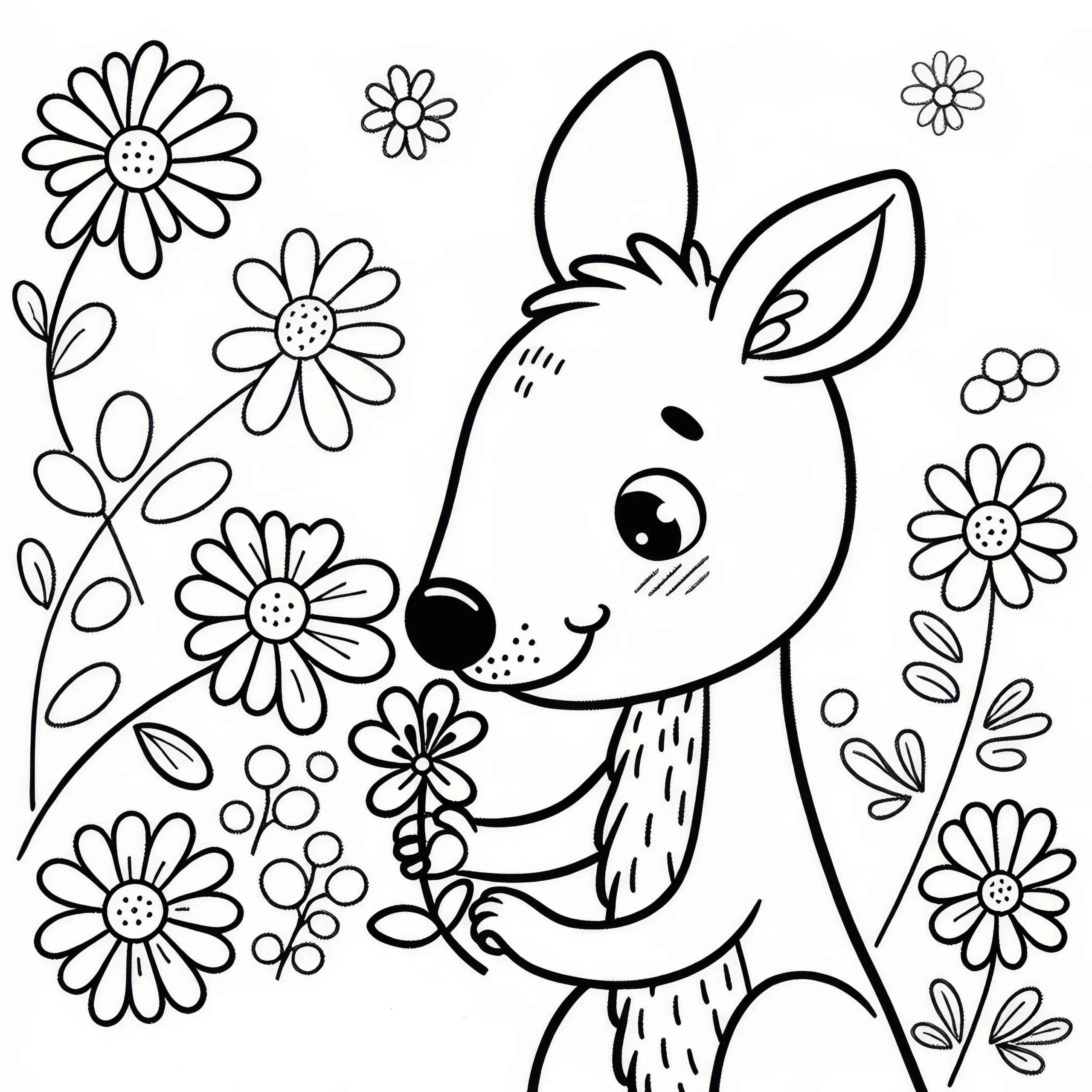 Neugieriges Känguru schnuppert an Blume: Einfache Malvorlage (Kostenlos) (Ausmalbild)