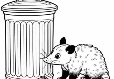Neugieriges Opossum schnuppert an Mülleimer – Malvorlage kostenlos
