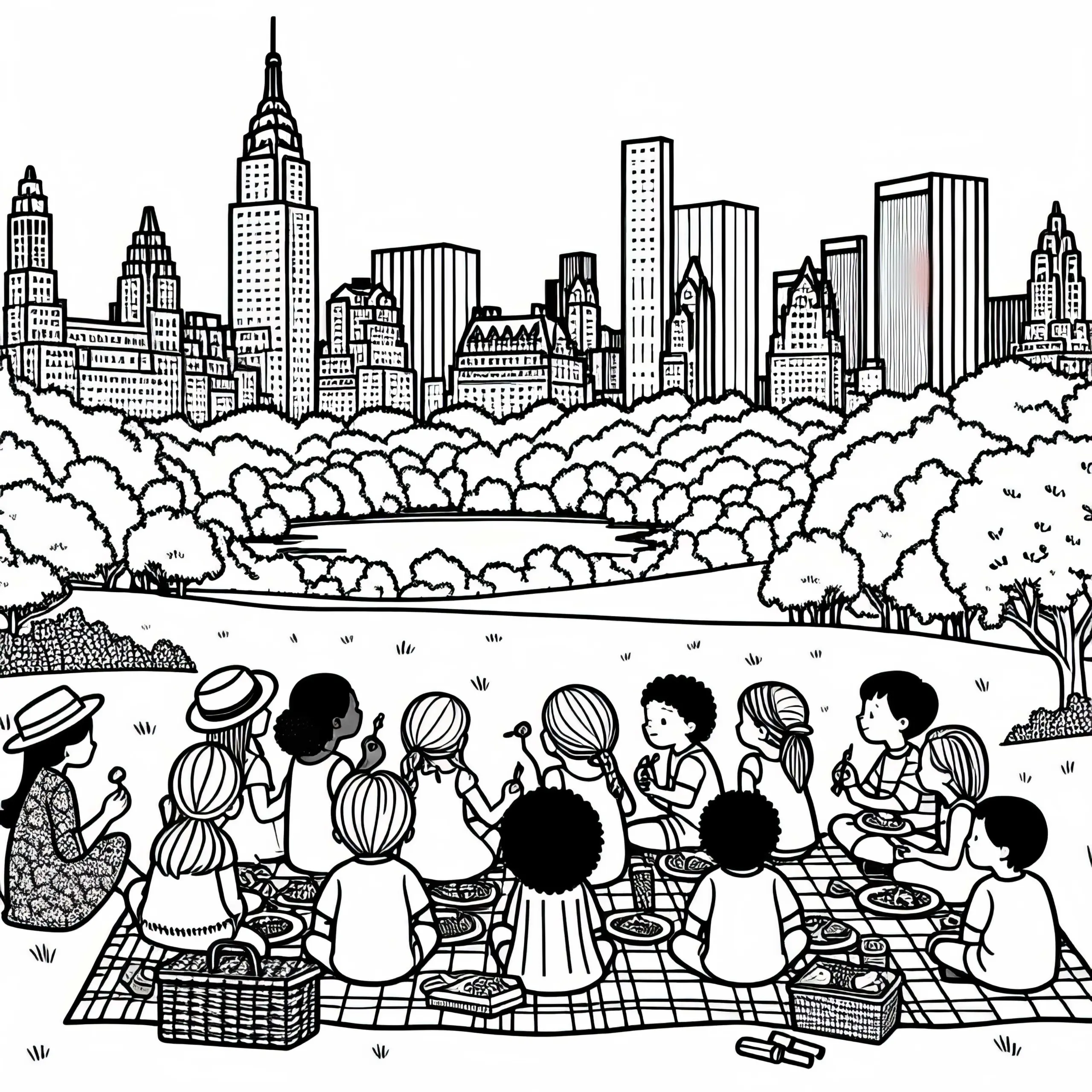 Kinder Sitzen Auf Picknickdecke Im Central Park – Malvorlage Kostenlos (Ausmalbild)