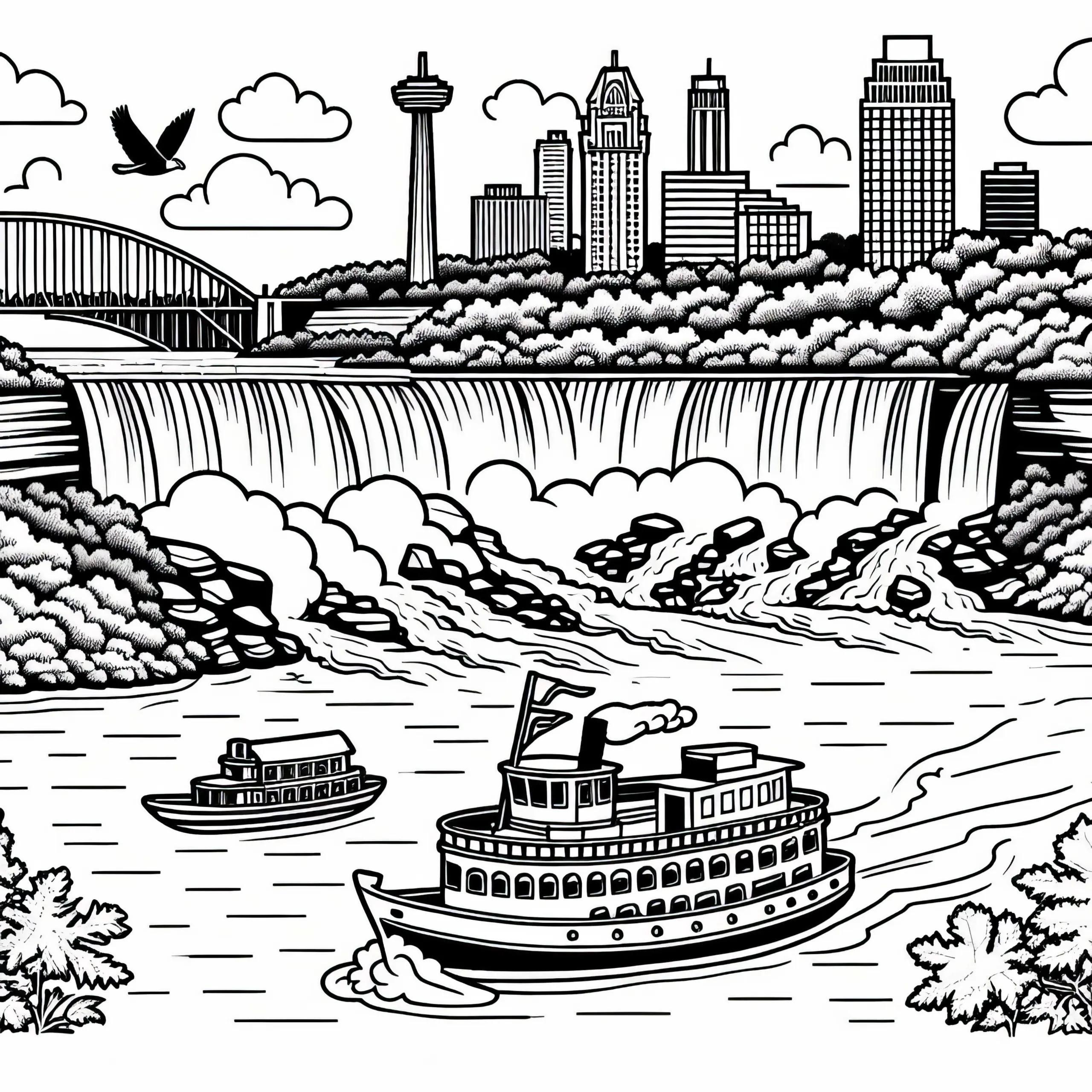 Niagarafälle USA Kanada mit Booten – Weitere Informationen (Ausmalbild)