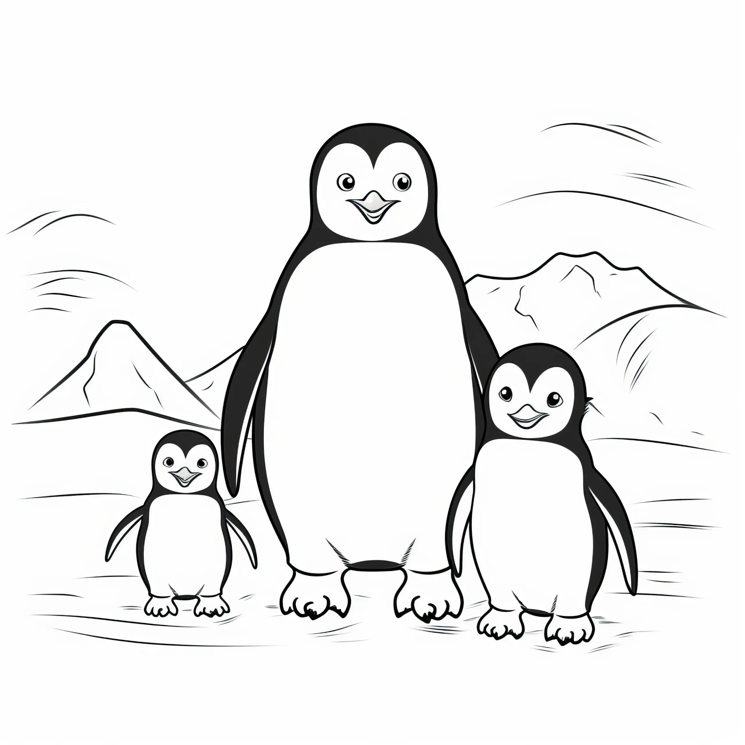 Niedliche Pinguinfamilie im Schnee: Ausmalbild kostenlos zum Download