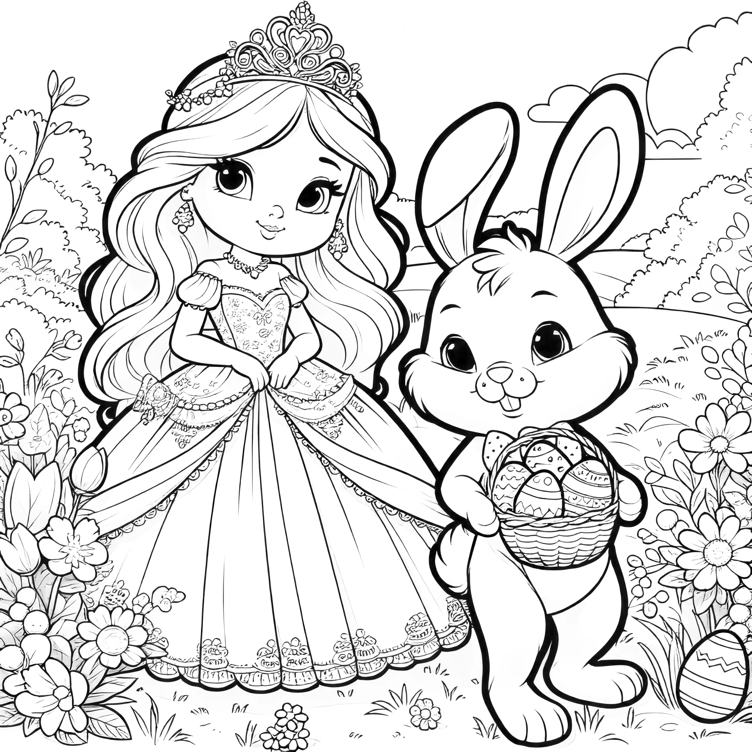 Niedliche Prinzessin mit Osterhase und Ostereiern in Naturlandschaft (Ausmalbild)