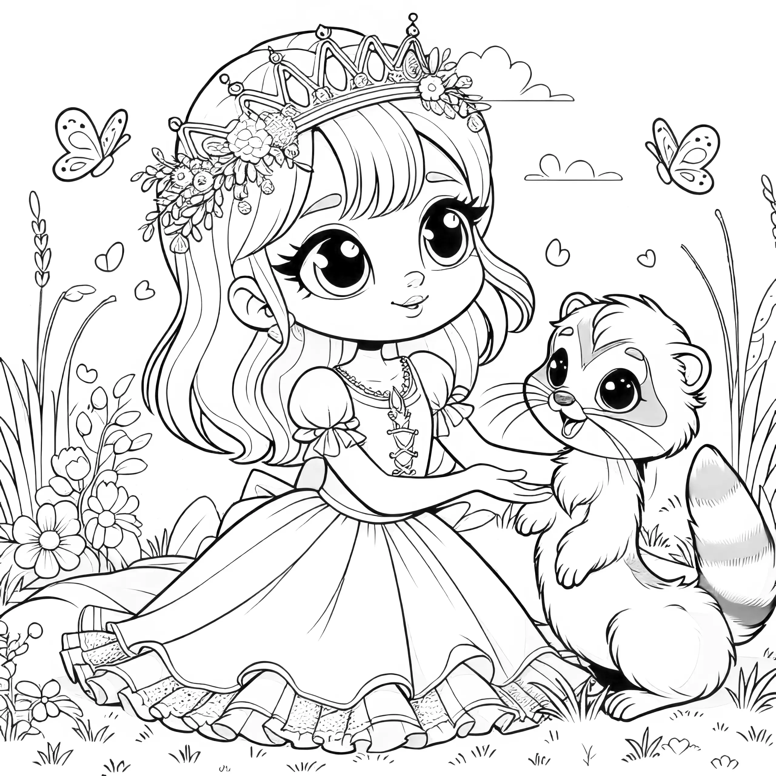Niedliche Prinzessin mit Waschbär und Schmetterlingen zum Ausmalen (Gratis) (Ausmalbild)