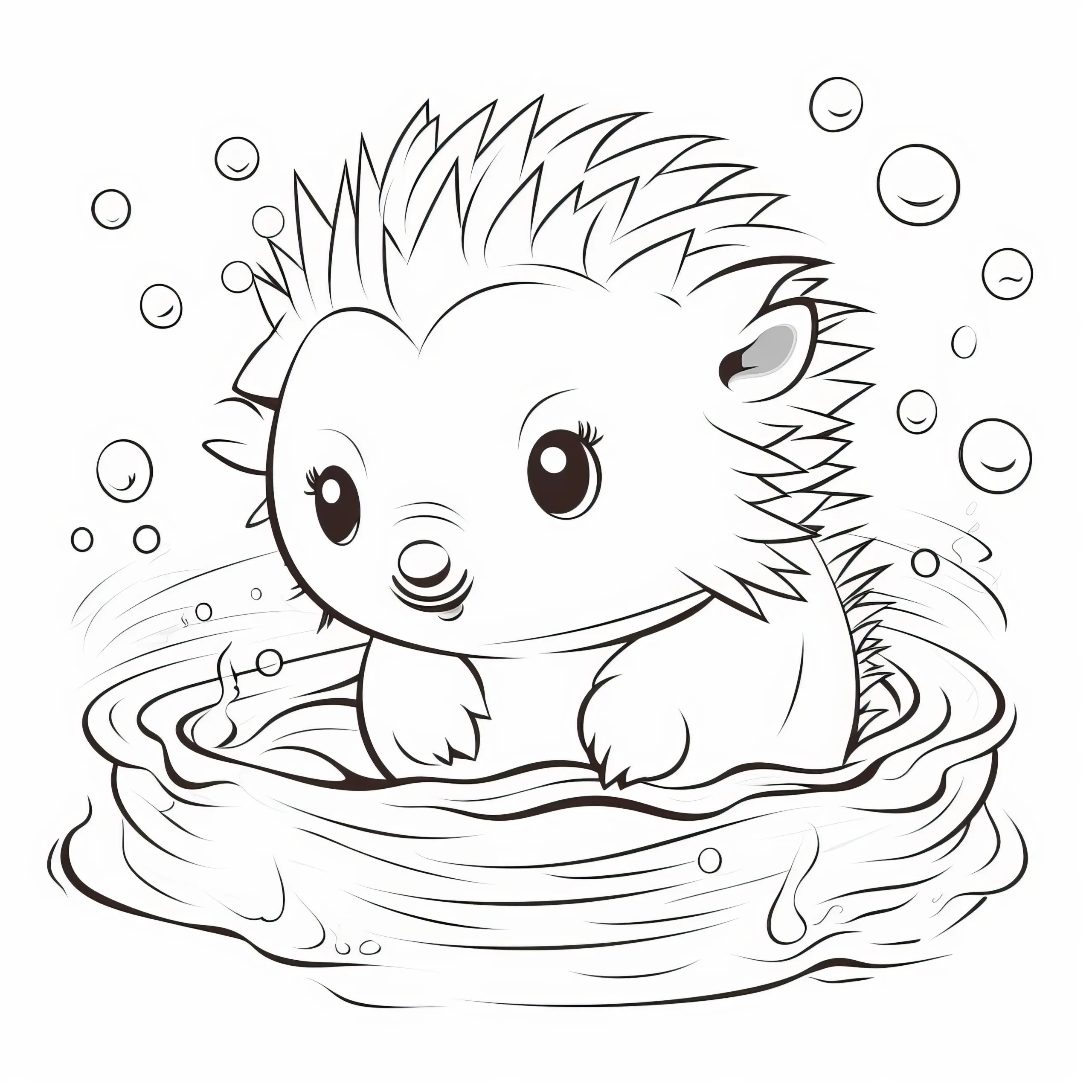 Niedlicher Igel spielt im Wasser: Ausmalbild zum Herunterladen (Kostenlos)