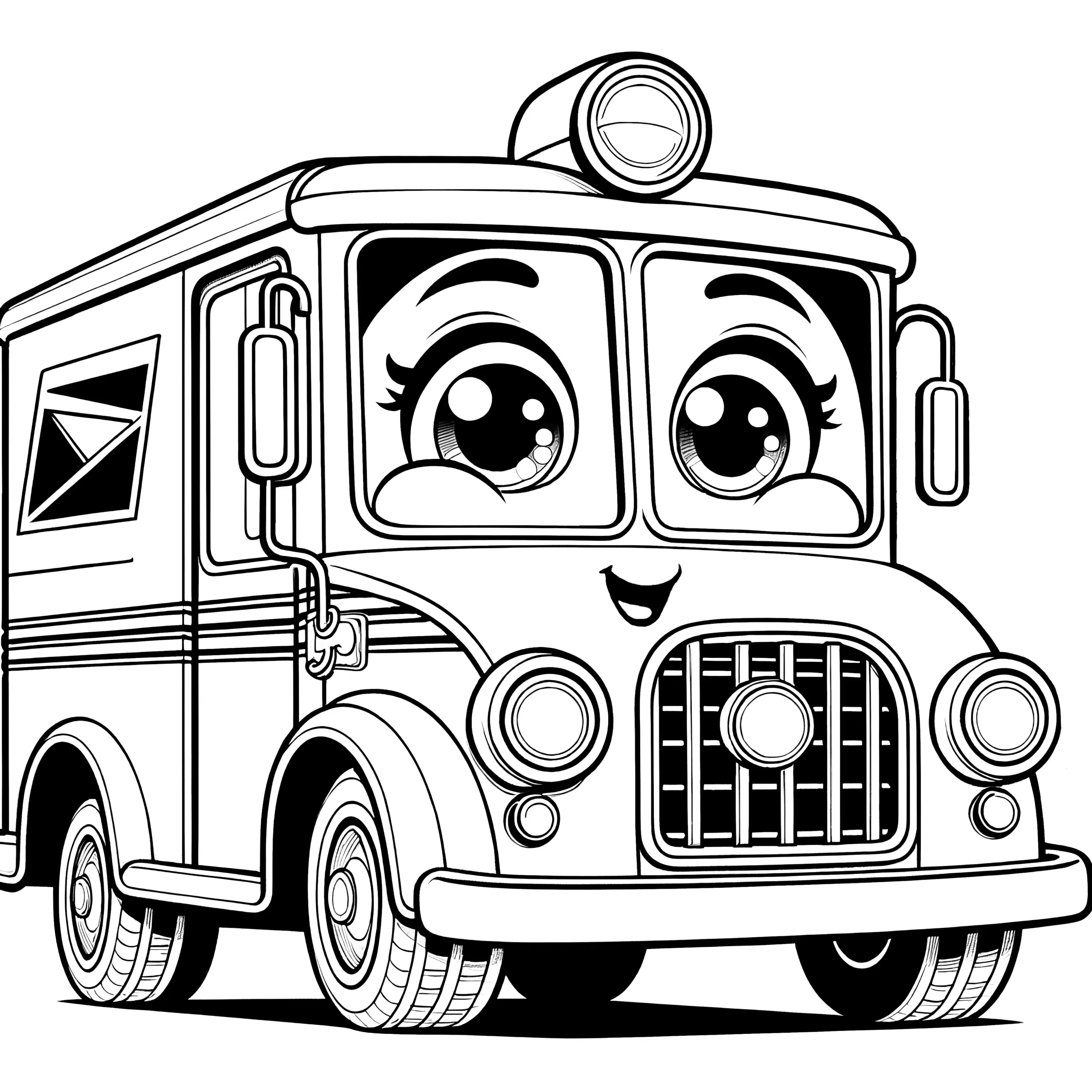 Niedlicher Lieferwagen mit großen Augen: Malvorlage für Kinder (Gratis) (Ausmalbild)