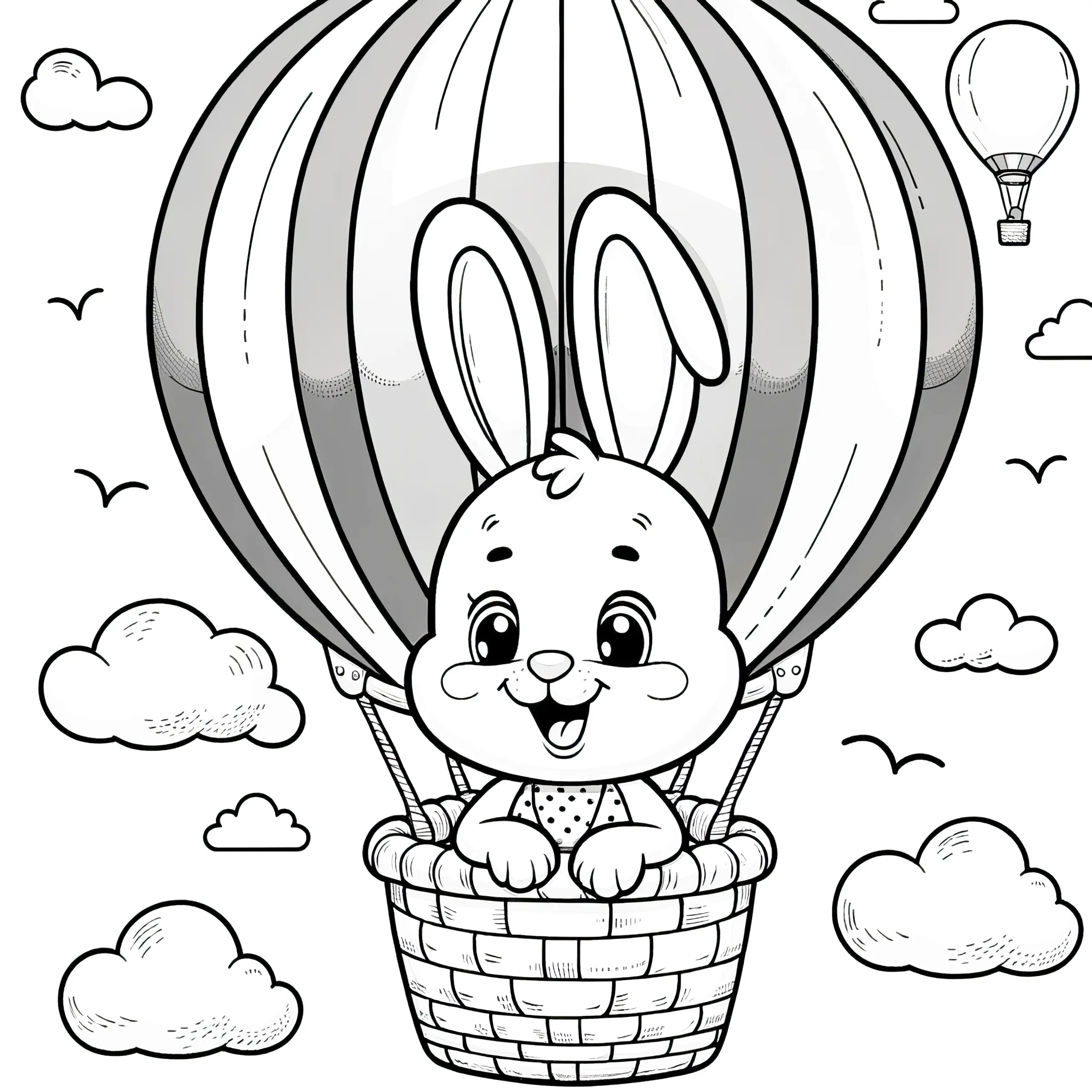 Niedlicher Osterhase auf Ballonfahrt: Osterbild zum Ausmalen (Gratis) (Ausmalbild)