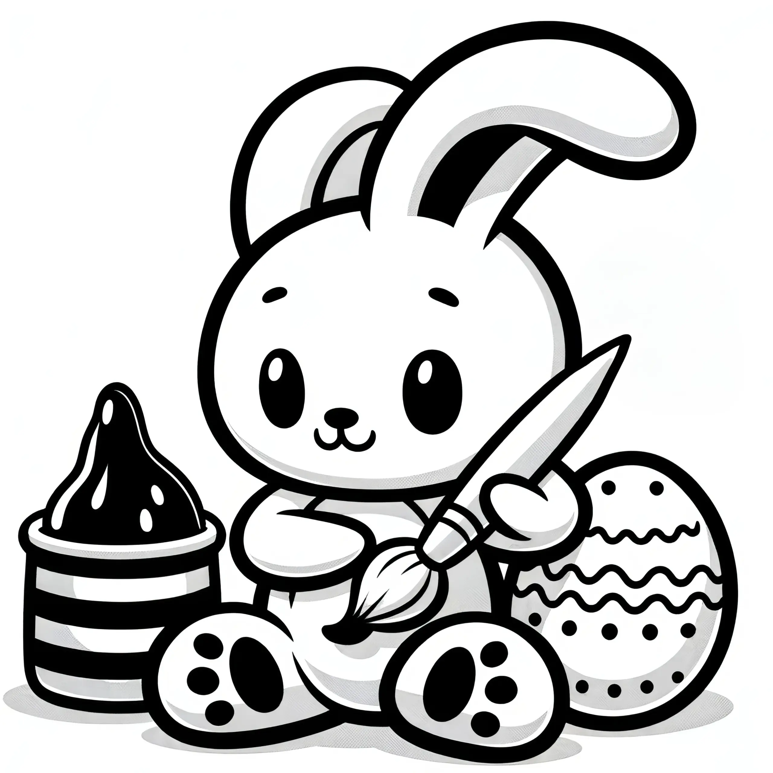 Niedlicher Osterhase bemalt Ostereier: Einfache Malvorlage zum Download (Gratis) (Ausmalbild)