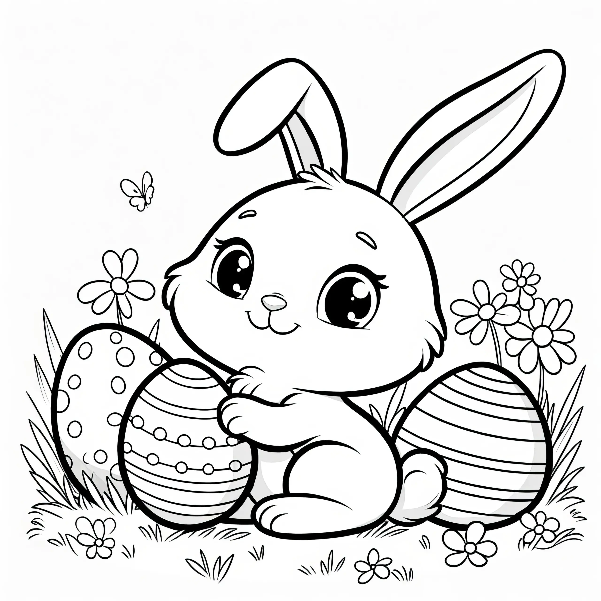 Niedlicher Osterhase mit Ostereiern auf Blumenwiese: Kostenlose Malvorlage (Ausmalbild)