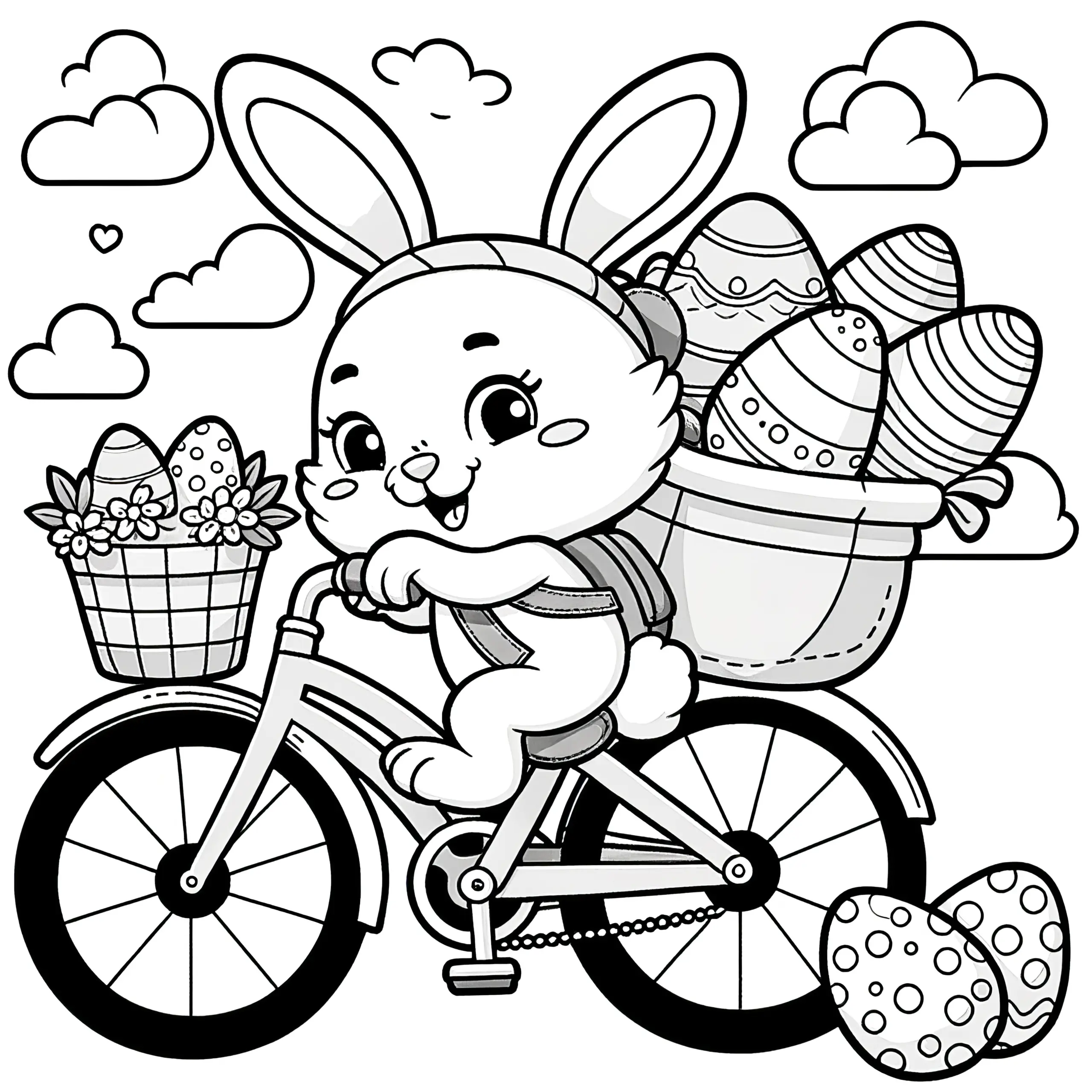 Niedlicher Osterhase mit Osterkörben auf Fahrrad: Ausmalbild kostenlos herunterladen