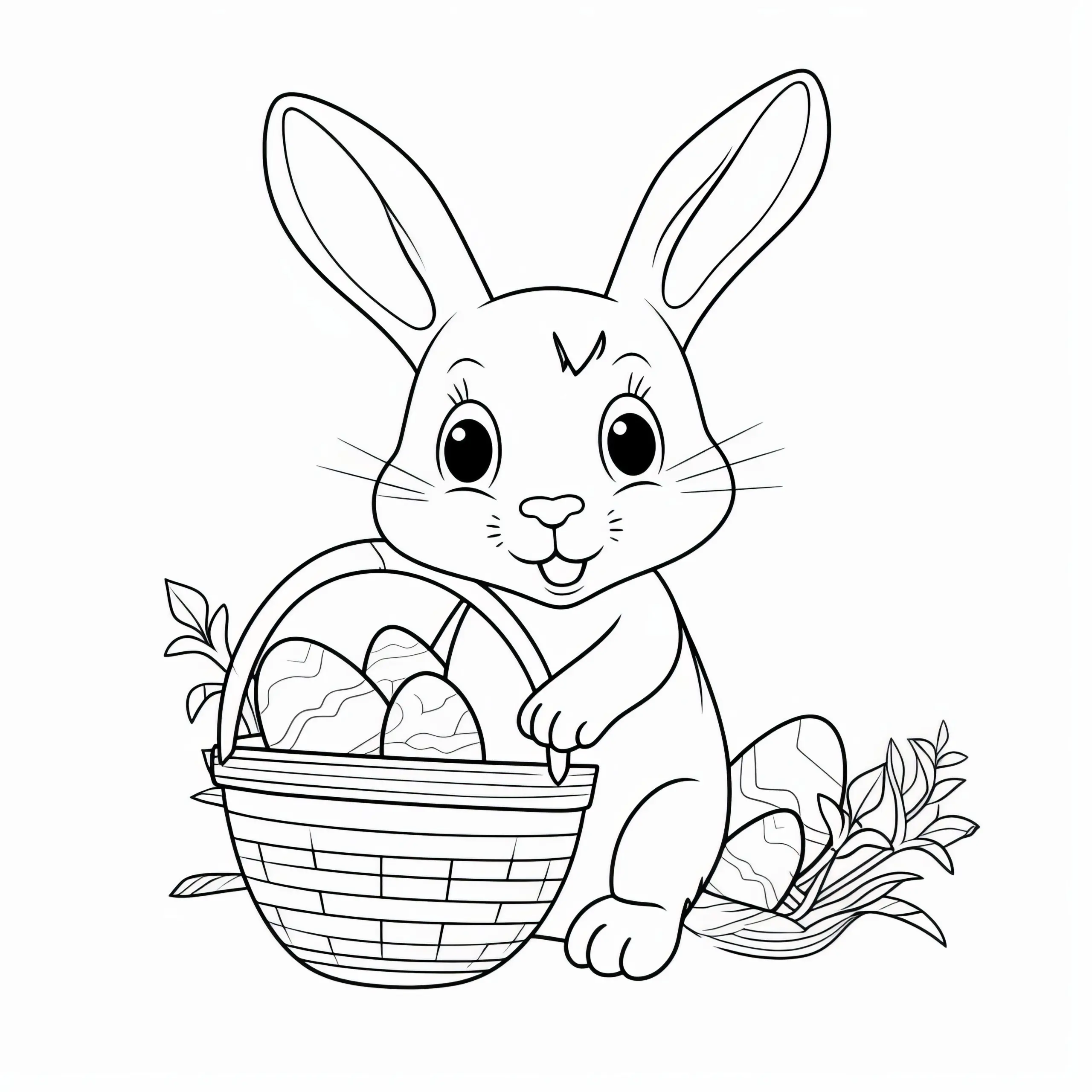 Niedlicher Osterhase mit Osterkorb: Ausmalbild für Kinder (Gratis)