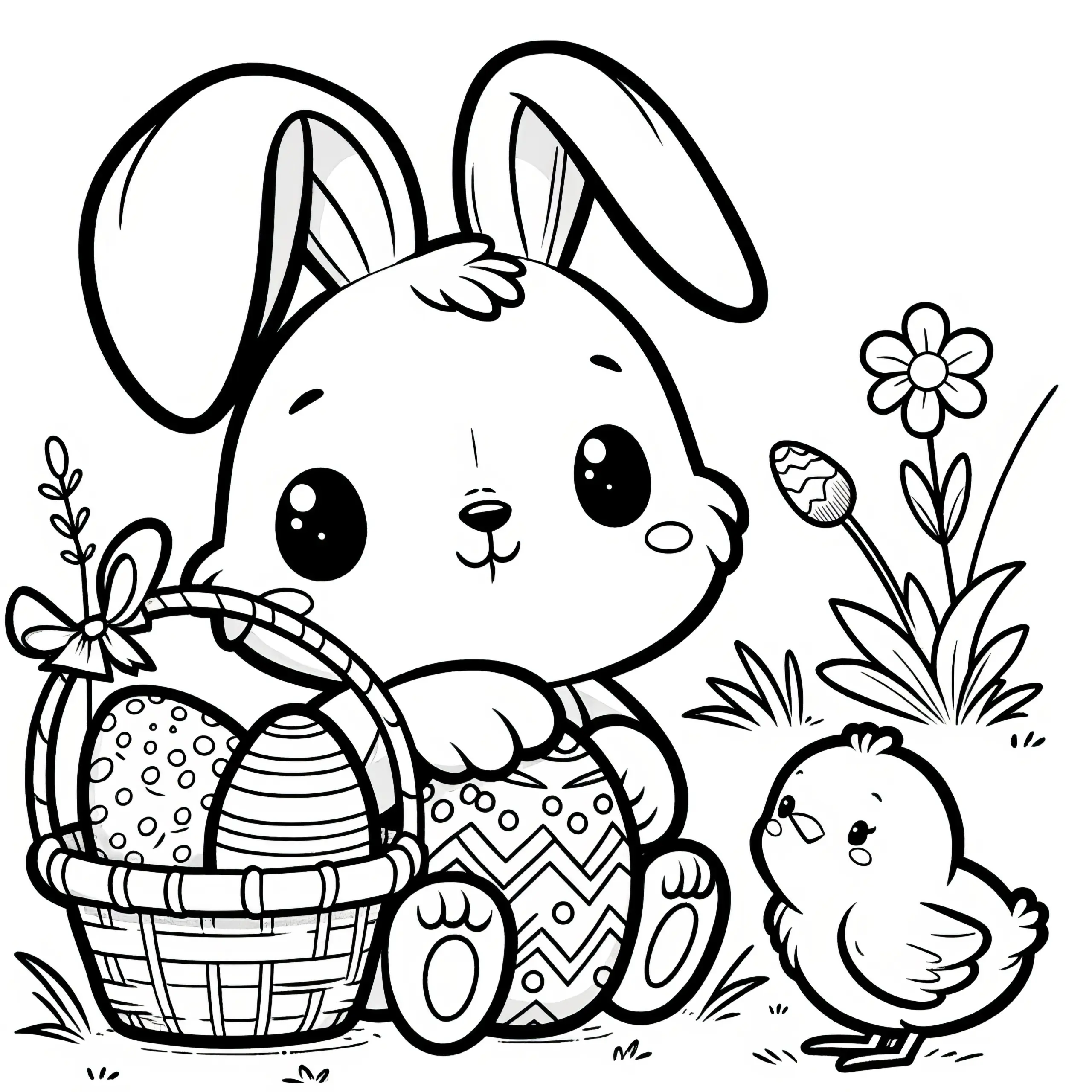 Niedlicher Osterhase mit Osterkorb und Küken: Gratis Malvorlage (Ausmalbild)