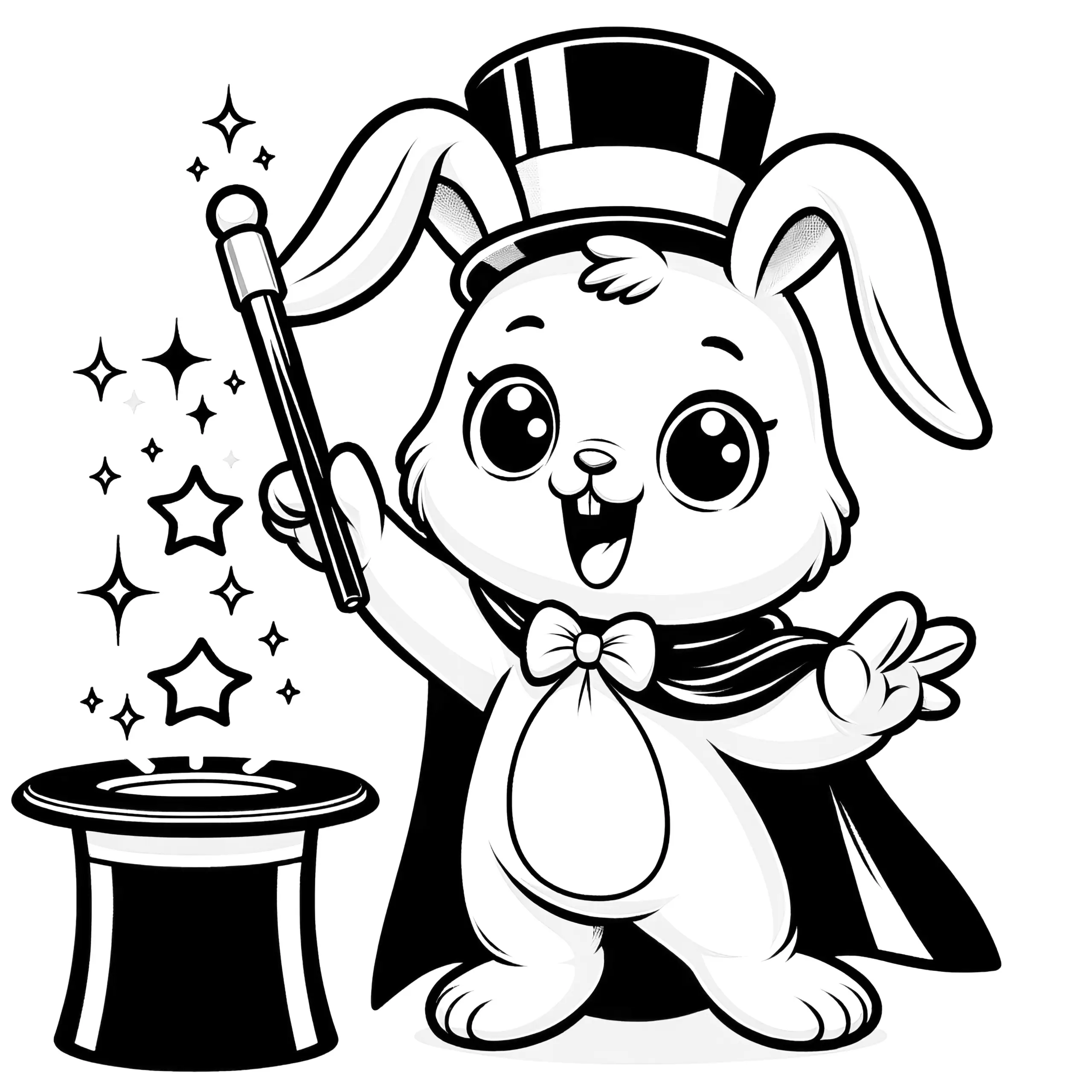 Niedlicher Osterhase als Zauberer mit Zylinder: Malvorlage zum kostenlosen Download (Ausmalbild)