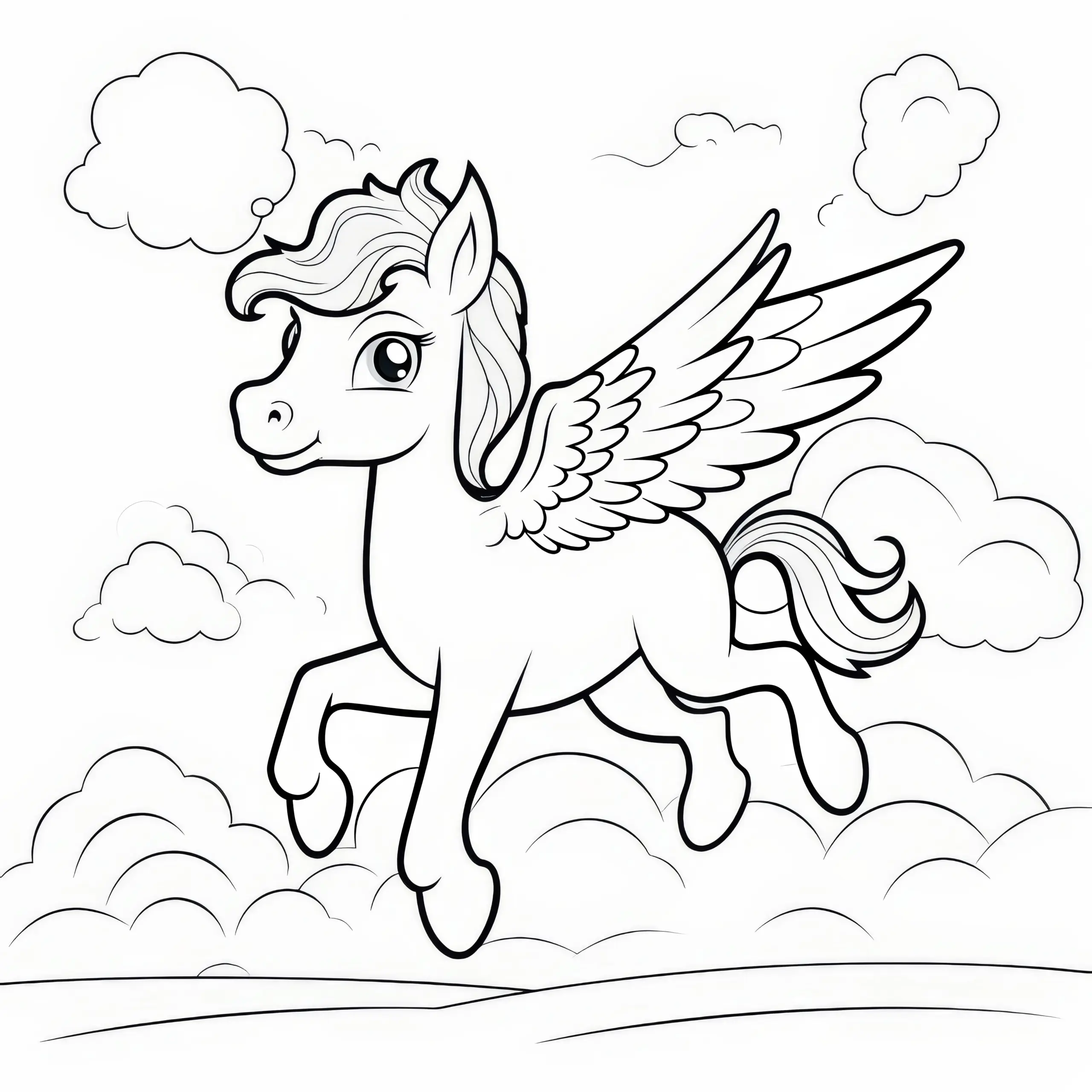 Niedlicher Pegasus über Wolken: Ausmalbild zum Download (Gratis)