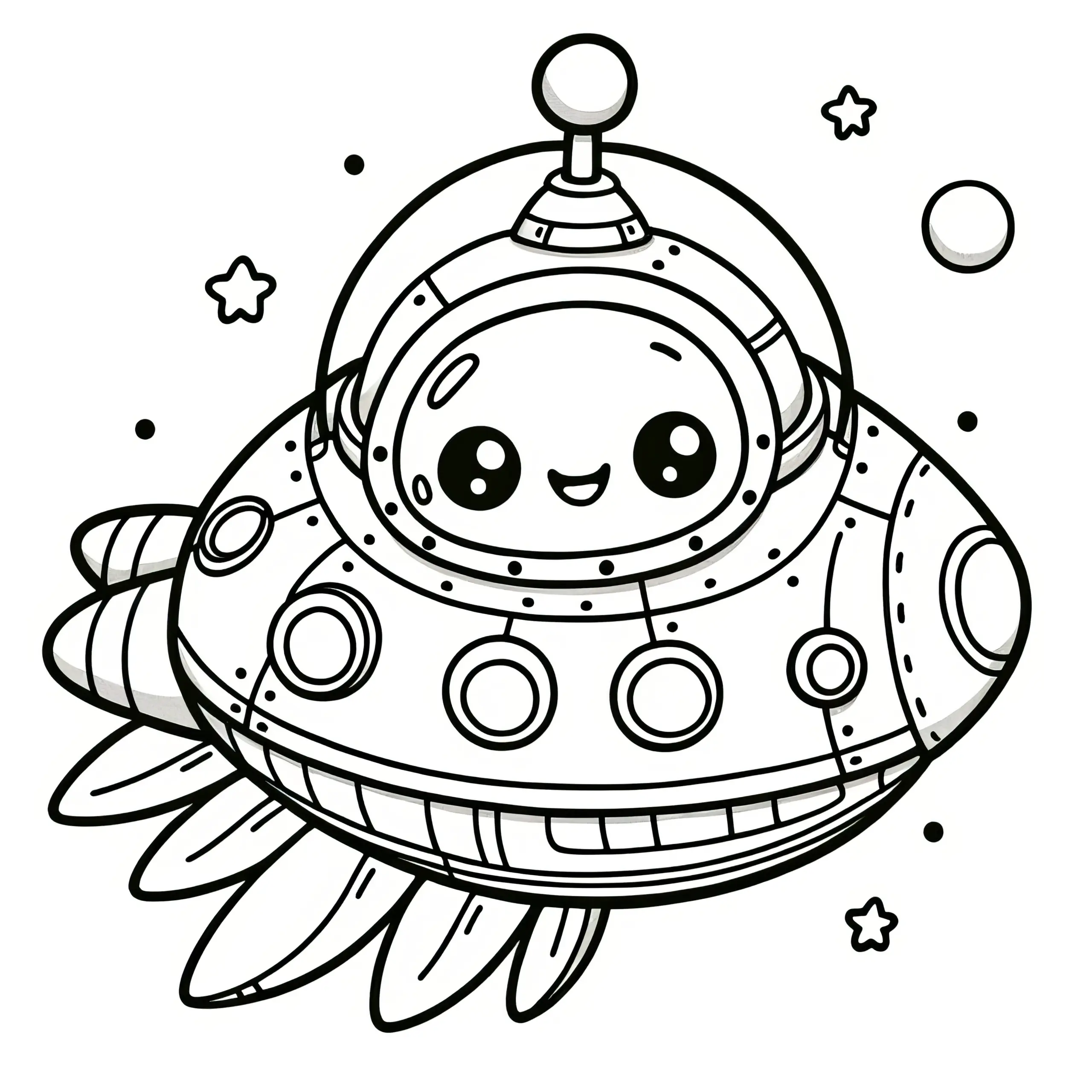 Niedliches Alien in einem UFO: Einfaches Ausmalbild für Kinder (Gratis)