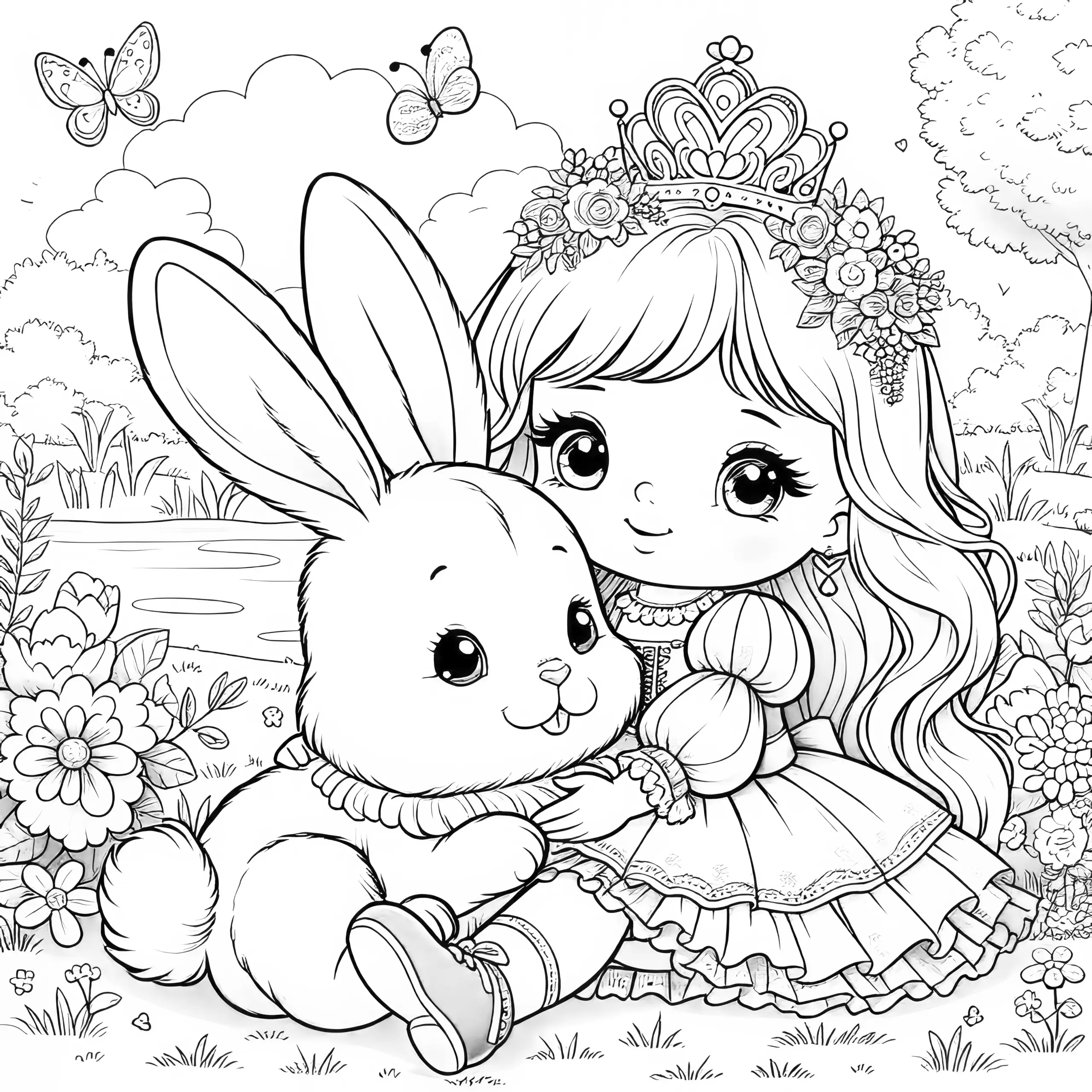 Niedliches Ausmalbild: Prinzessin mit flauschigem Häschen auf Wiese