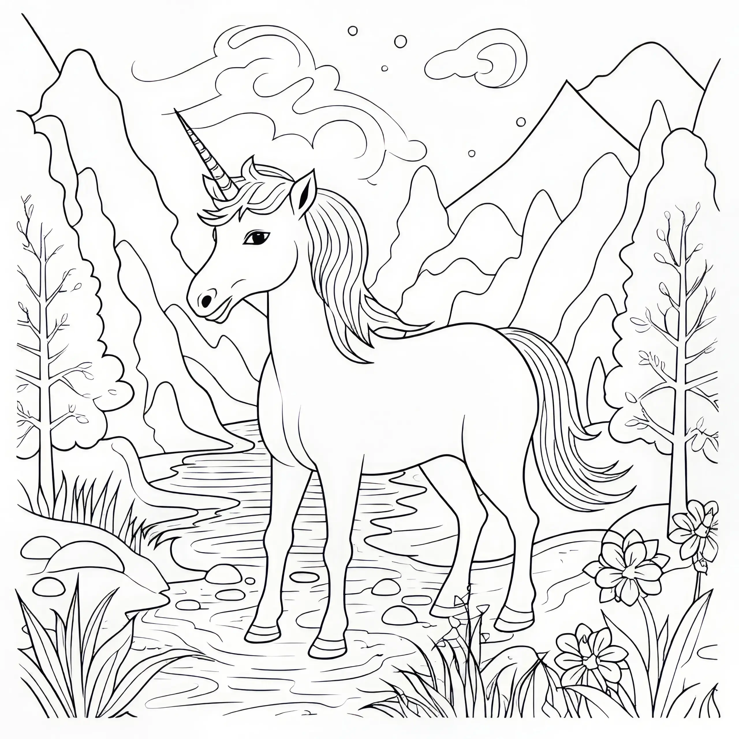 Niedliches Einhorn in den Bergen am Bergbach: Ausmalbild zum Download (Gratis)