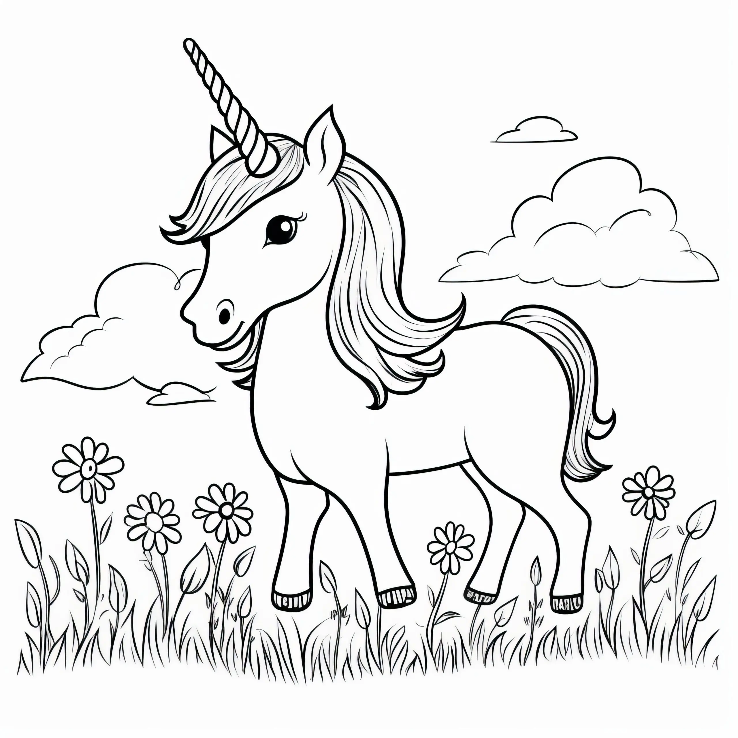 Niedliches Einhorn-Pony auf Blumenwiese: Einfaches Ausmalbilder für Kinder (Kostenlos)