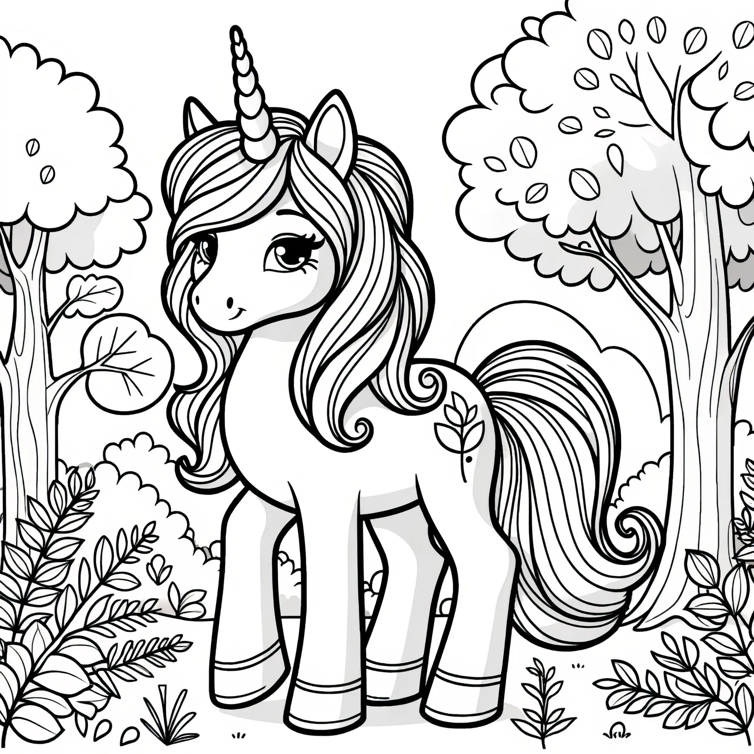 Niedliches Einhorn-Pony im geheimnisvollen Wald: Einfaches Ausmalbild (Kostenlos)