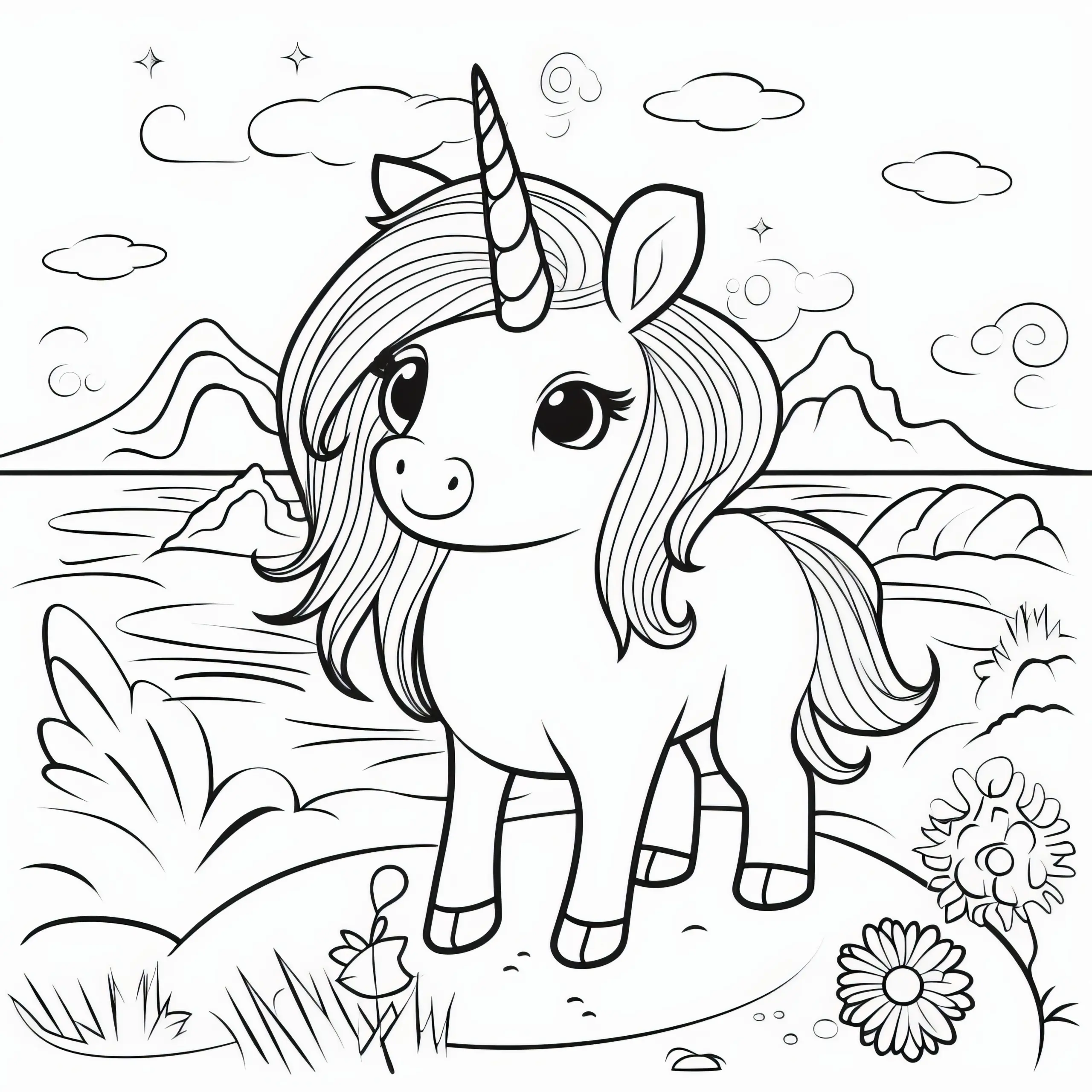 Niedliches Einhorn-Pony am Meeresufer: Gratis Ausmalbild zum Download (Gratis)