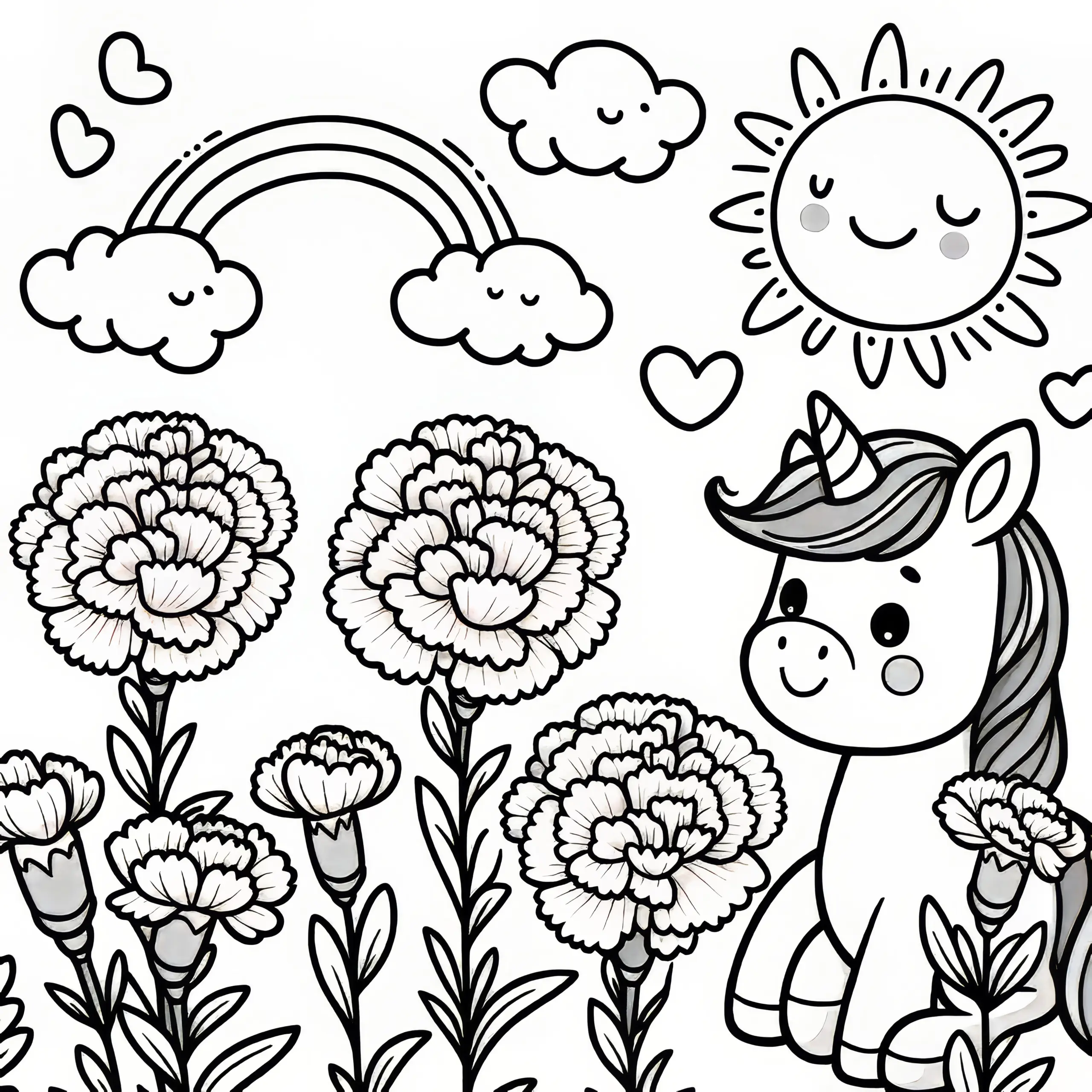 Niedliches Einhorn zwischen Nelken und fluffigen Wolken als Malvorlage (Gratis) (Ausmalbild)