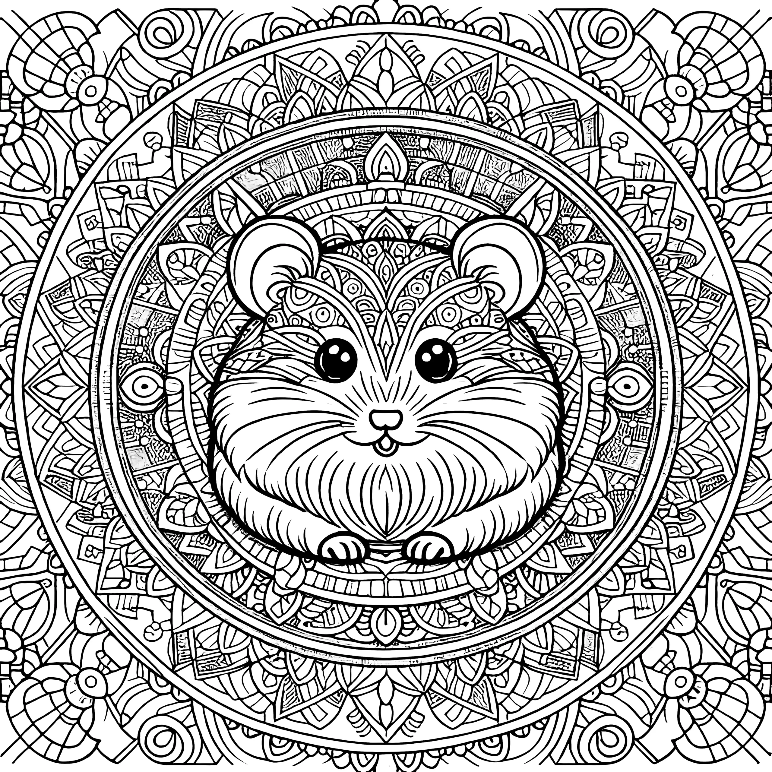Niedliches Hamster-Mandala komplex: Für Erwachsene als Malvorlage (kostenlos) (Ausmalbild)