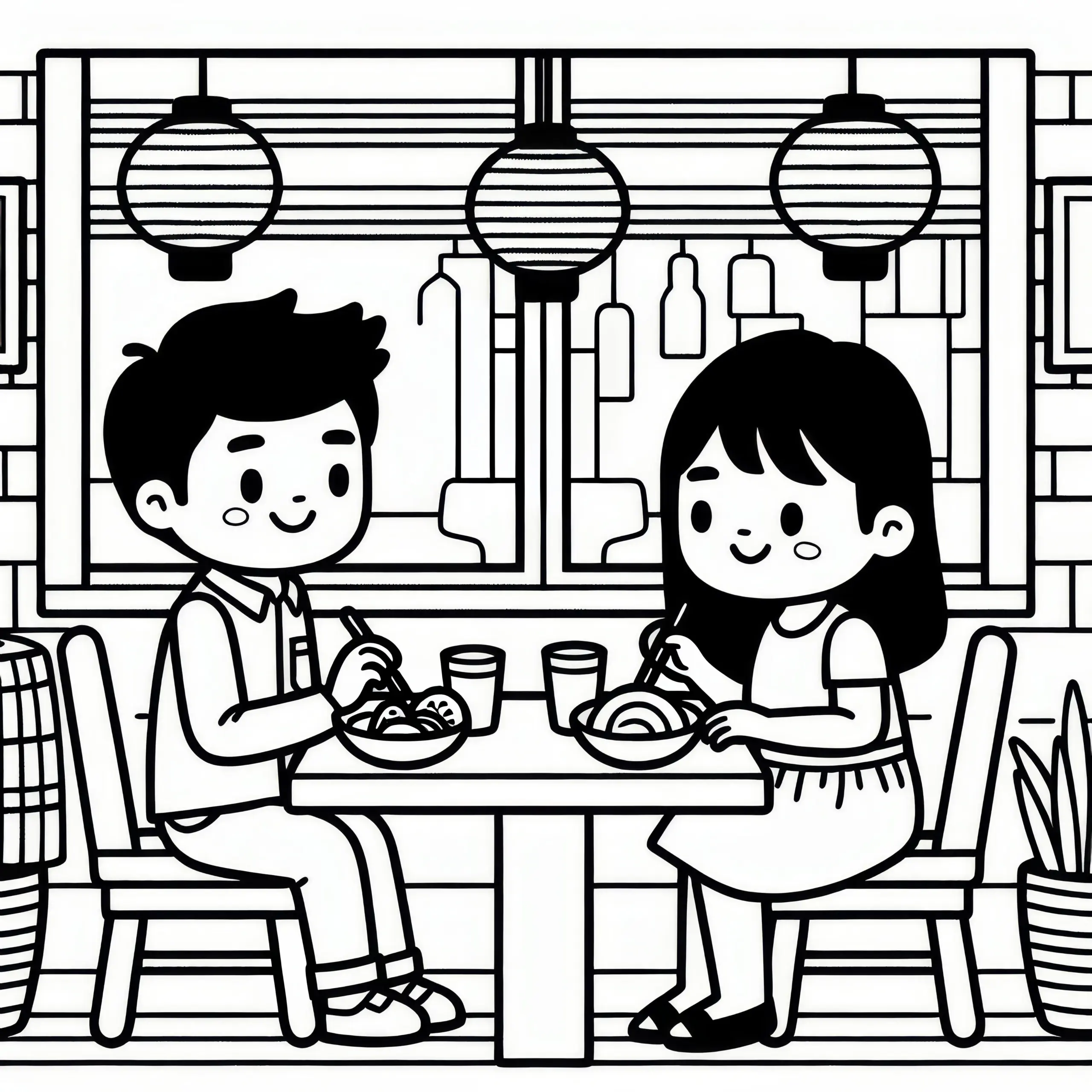 Niedliches Pärchen im Restaurant zum Valentinstag: Einfache Malvorlage zum Herunterladen (Kostenlos) (Ausmalbild)