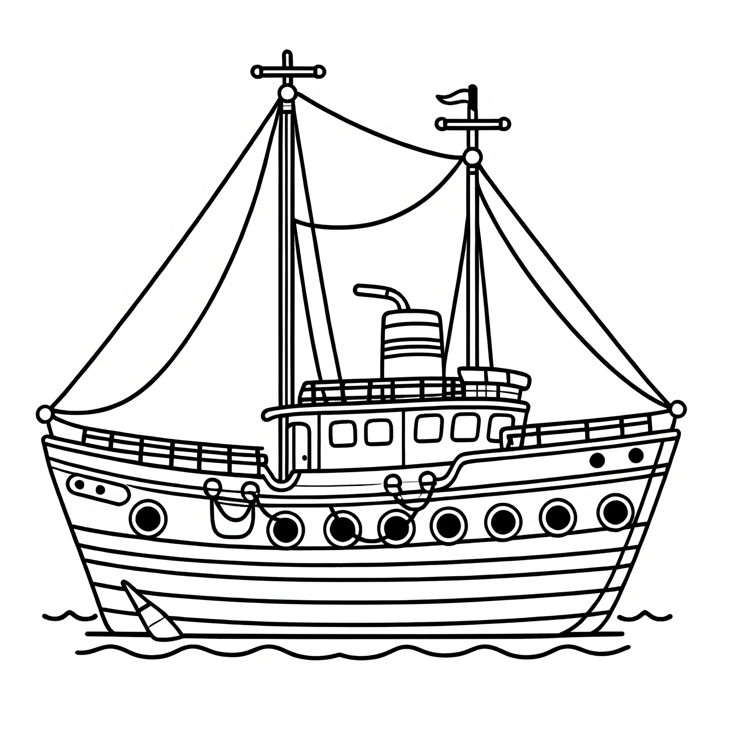 Niedliches Schiff zum Ausmalen: Malvorlage für Kinder (Kostenlos) (Ausmalbild)