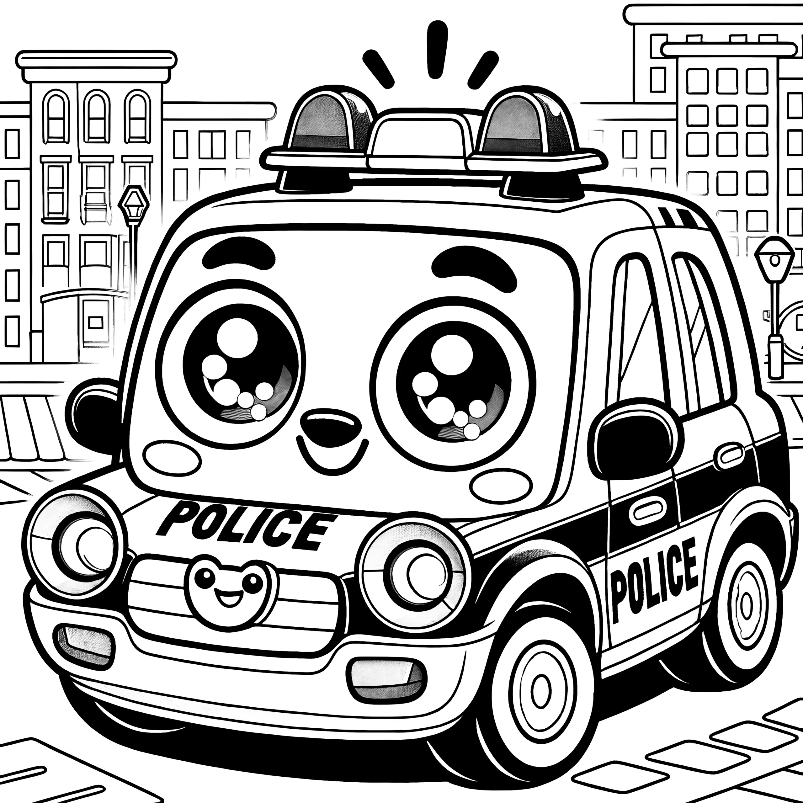 Niedliches Spielzeug Polizeiauto vor Gebäuden: Ausmalbild für Kinder (Gratis)