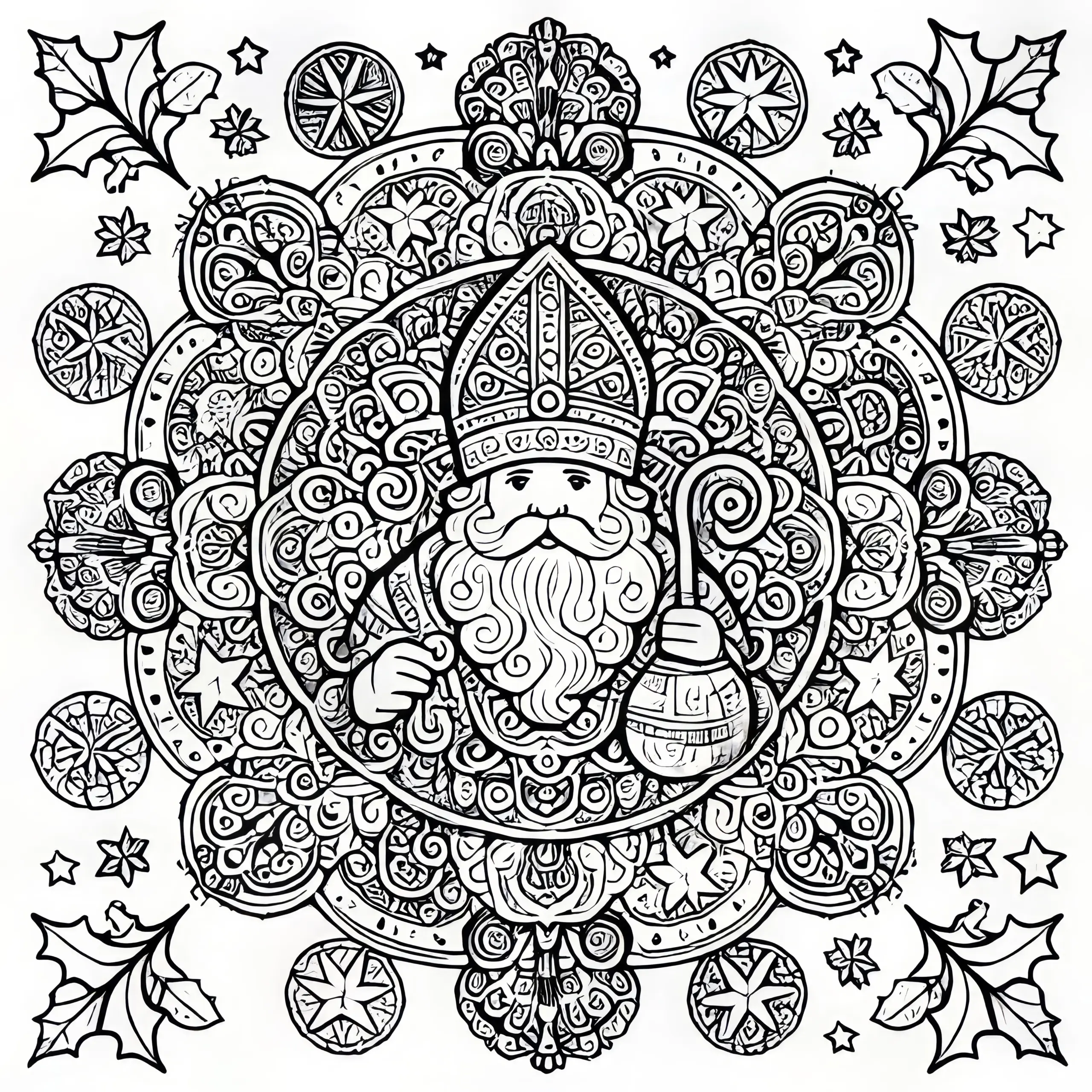 Nikolaus als Mandala-Malvorlage (kostenlos ausmalen) (Ausmalbild)