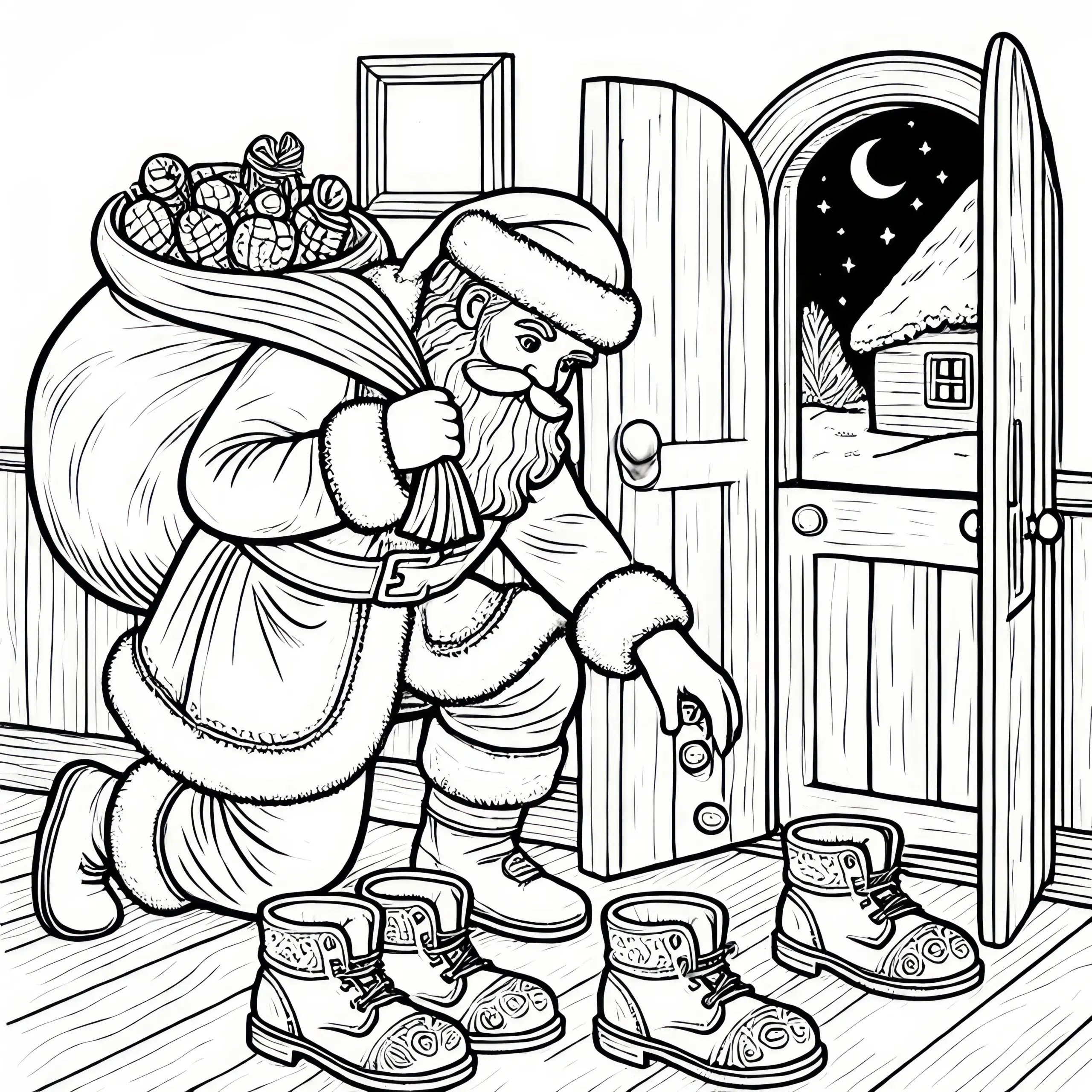 Nikolaus befüllt Nikolausstiefel mit Geschenken (Ausmalbild)