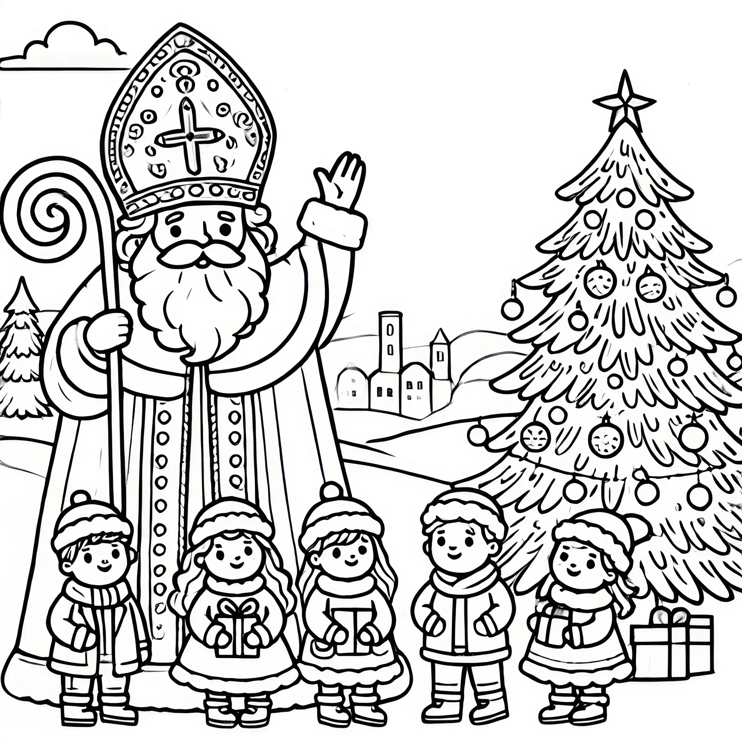 Nikolaus mit Kindern & Tannenbaum (Ausmalbild)